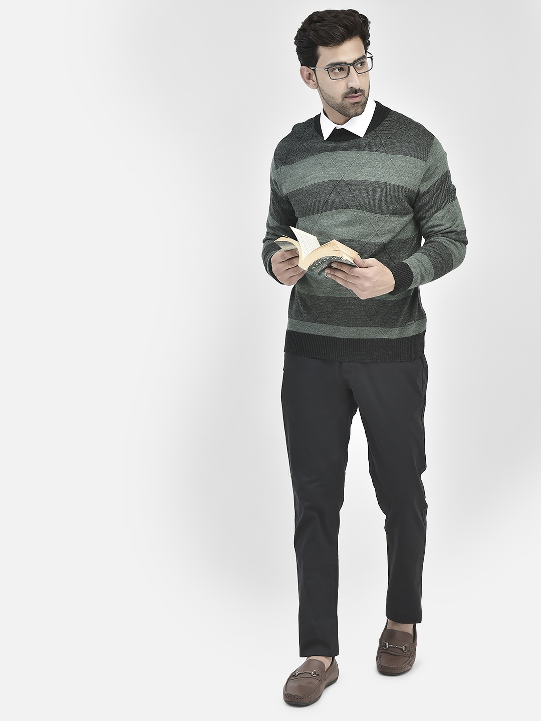 

Crimsoune Club Striped Round Neck Pullover, Green