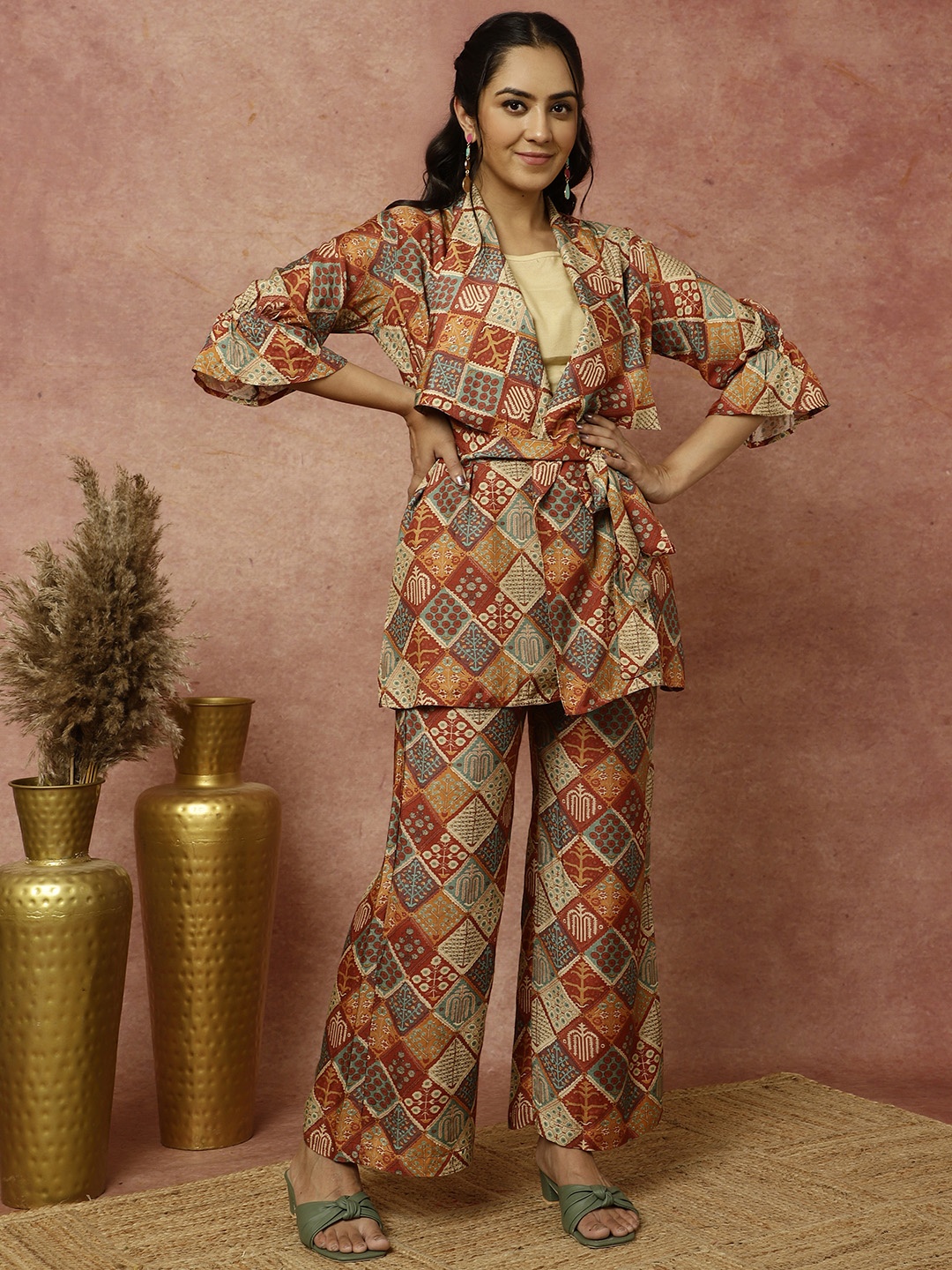 

Jaipur Kurti Ethnic Motifs Printed Wrap Tunic With Palazzos, Rust