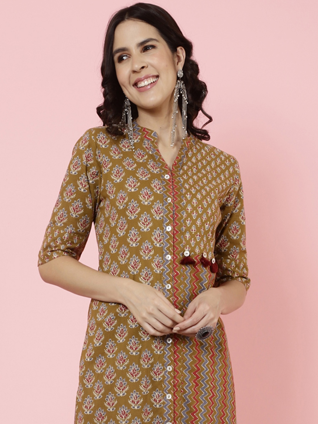 

Jaipur Kurti Ethnic Motifs Printed Pure Cotton Straight Kurta With Trousers, Brown