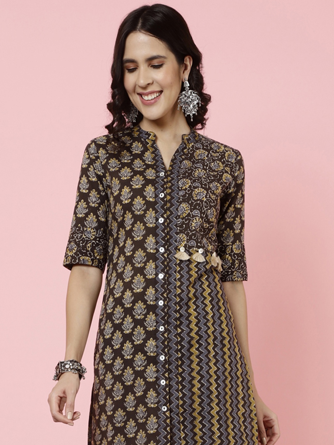 

Jaipur Kurti Ethnic Motifs Printed Pure Cotton Kurta With Trousers, Brown
