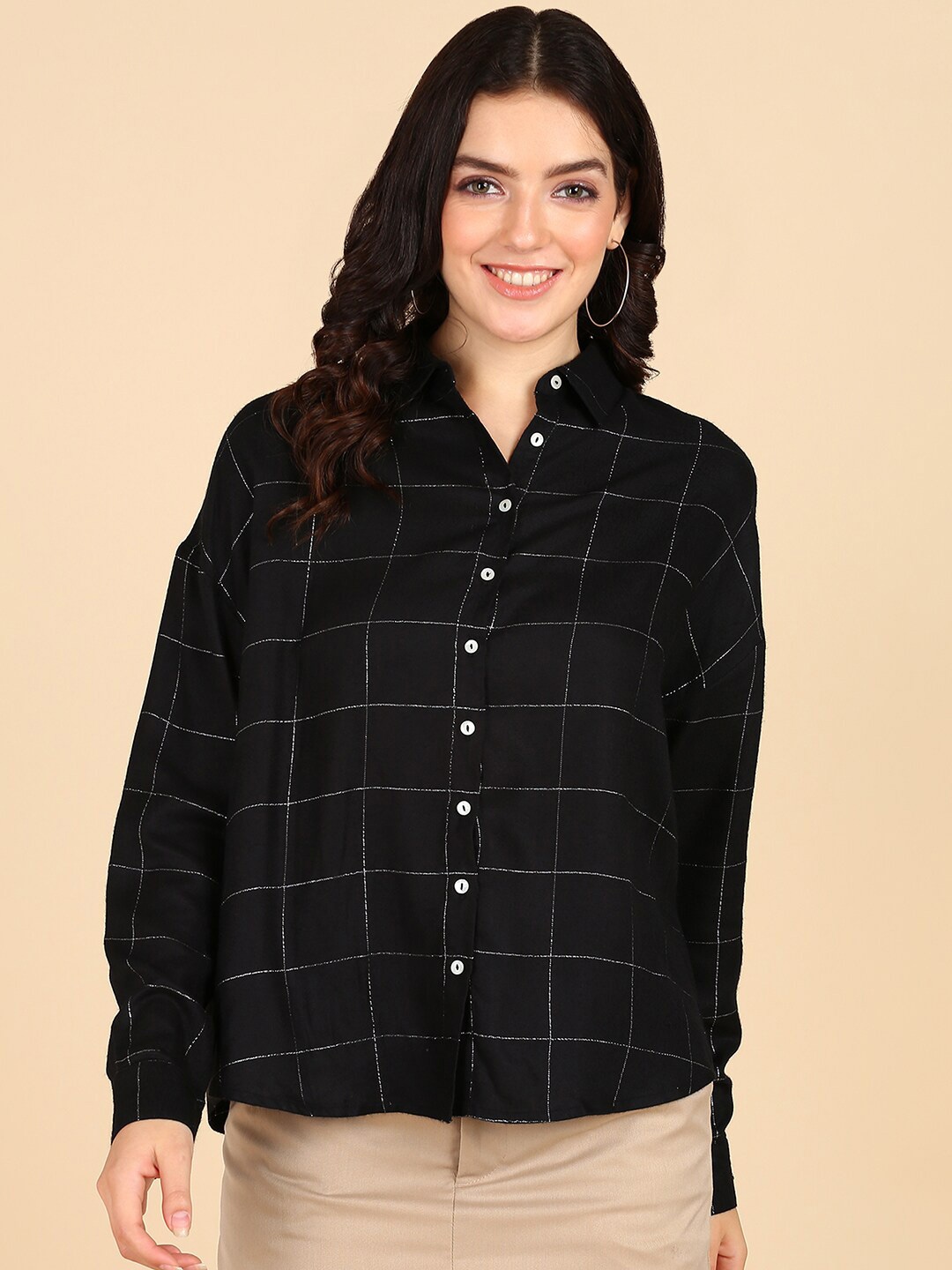 

Mast & Harbour Black Smart Windowpane Checks Casual Shirt