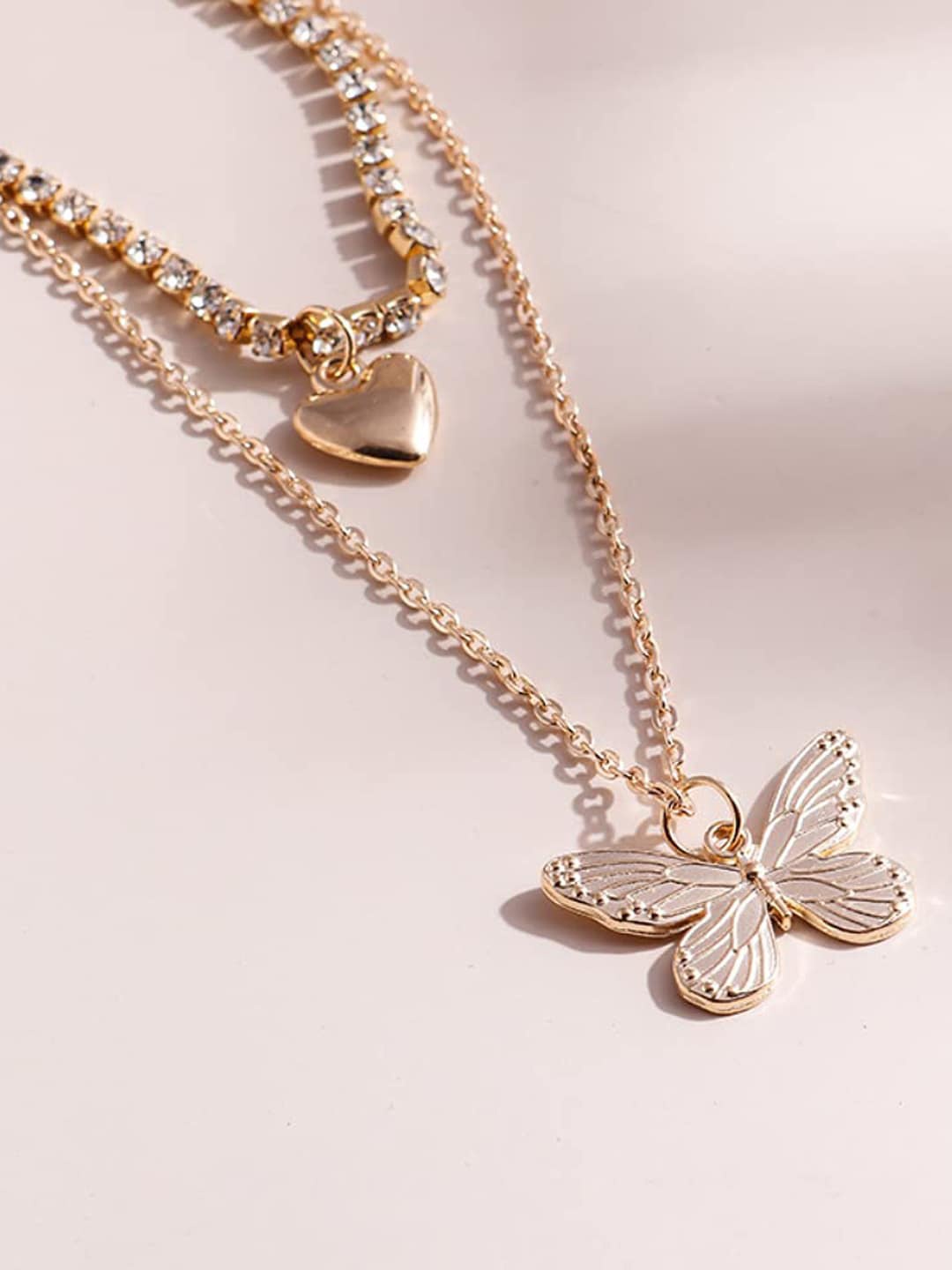 

Krelin Gold-Plated Stones-Studded Layered Heart & Butterfly Shaped Necklace