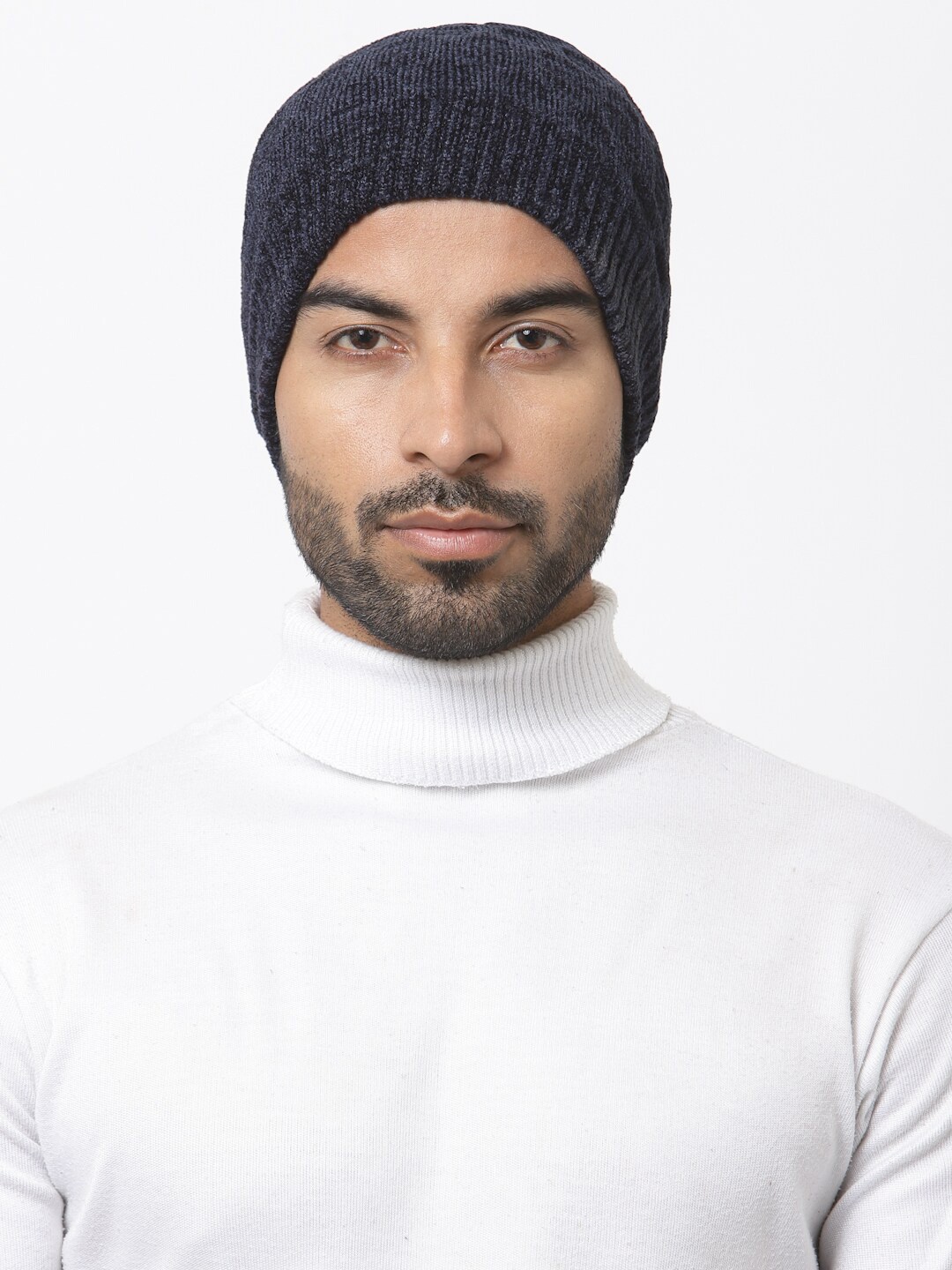 

WEAVERS VILLA Men Self Design Woollen Beanie, Navy blue