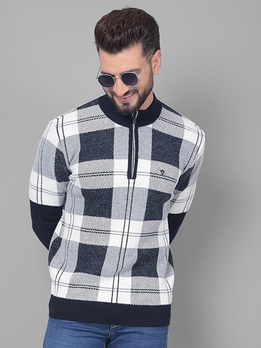 

Crimsoune Club Checked Mock Collar Sweater, Navy blue
