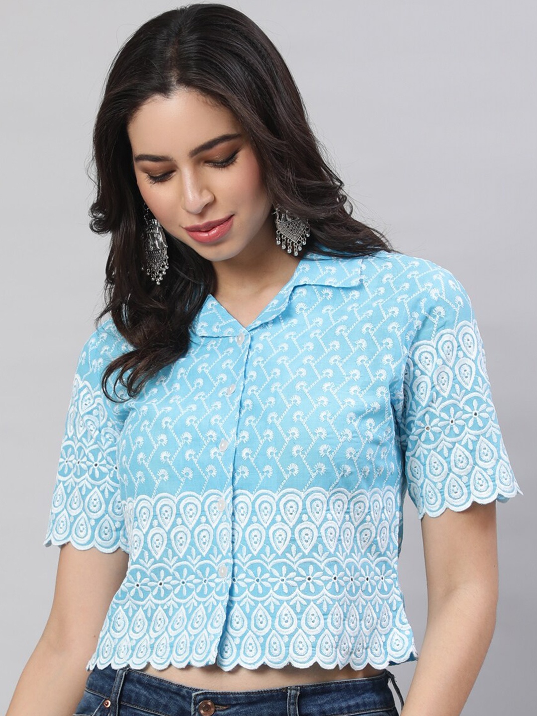 

AKIMIA Ethnic Motifs Embroidered Cotton Shirt Style Crop Top, Blue