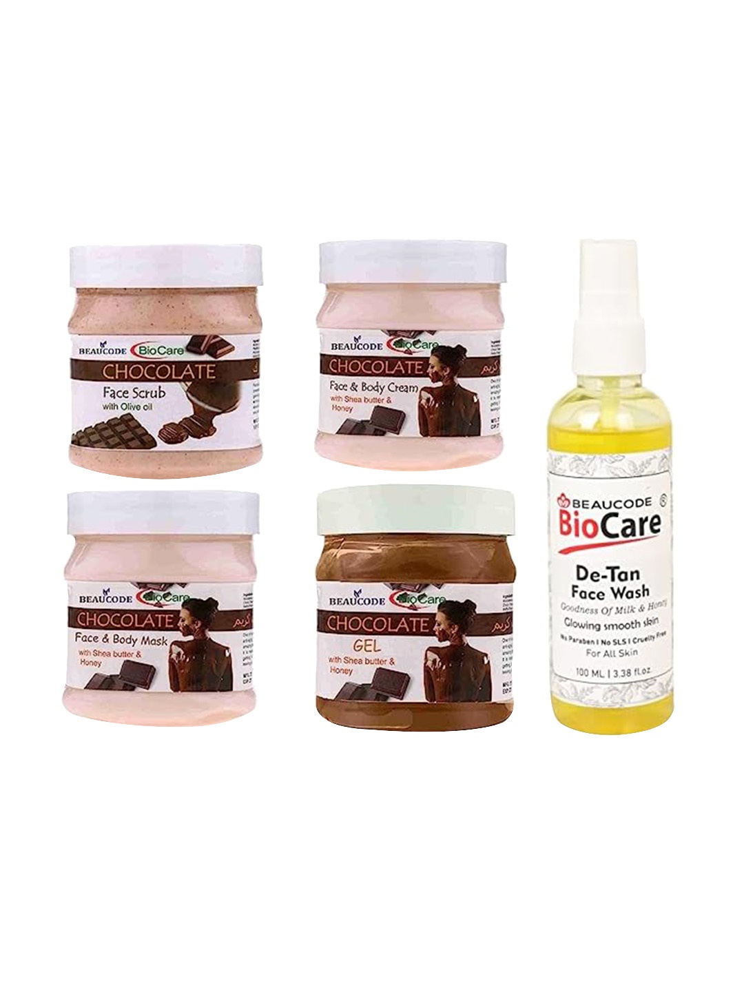 

BEAUCODE BIOCARE 5-Pcs Chocolate Facial Kit 250g Each & De-Tan Face Wash - 100ml, Pink