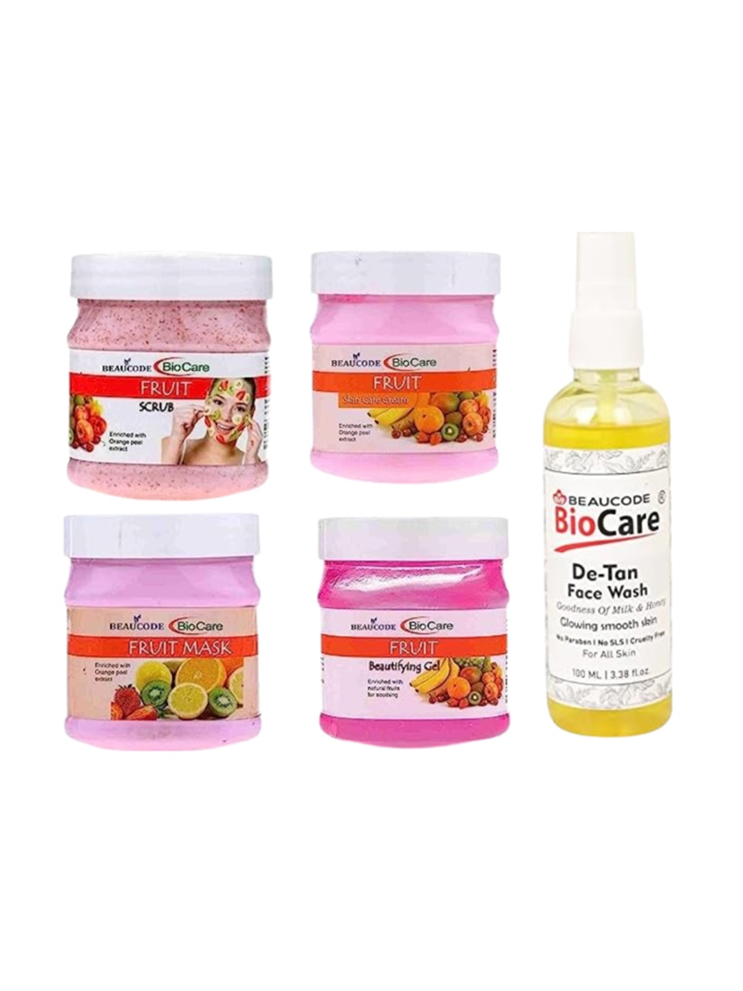

BEAUCODE BIOCARE 5-Pcs Fruit Facial Kit 250g Each With De-Tan Face Wash 100ml, Pink