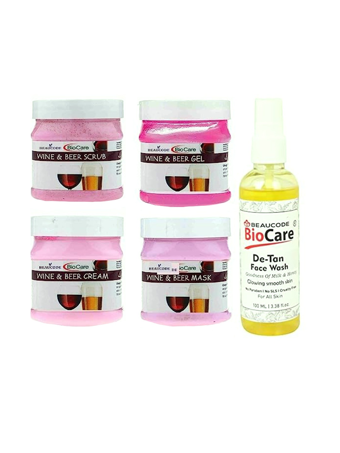 

BEAUCODE BIOCARE 5-Pcs Wine & Beer Facial Kit 250g Each & De-Tan Face Wash 100ml, Pink