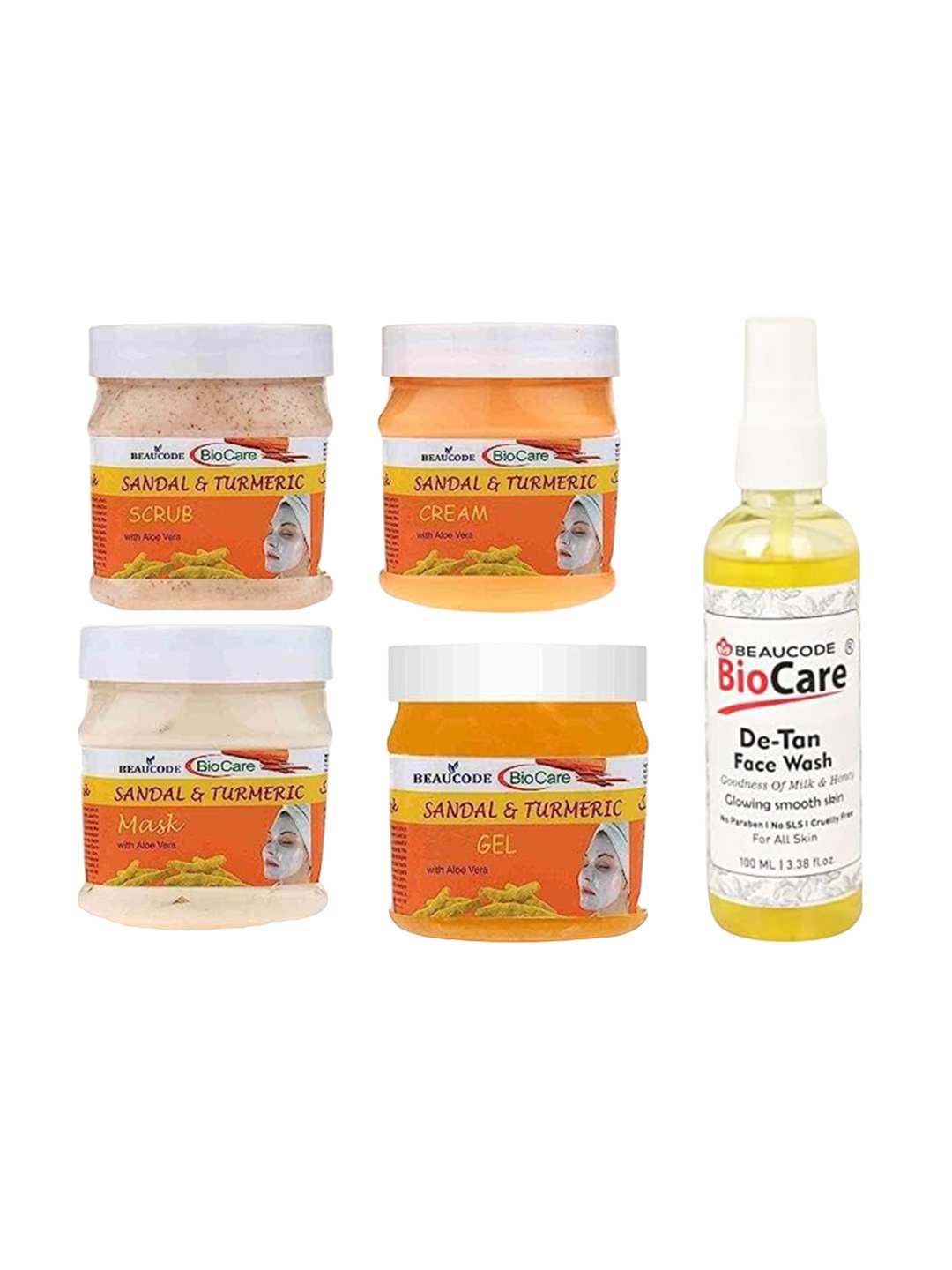 

BEAUCODE BIOCARE 5Pcs Sandal & Turmeric Facial Kit 250g Each With De-Tan Face Wash 100ml, Orange