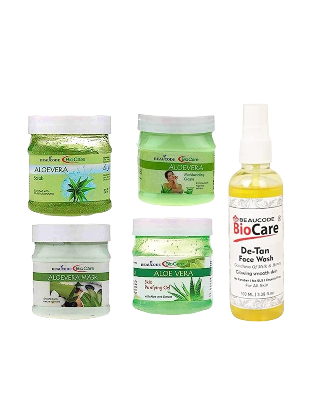 

BEAUCODE BIOCARE 5-Pcs Aloe Vera Facial Kit 250g Each With De-Tan Face Wash 100ml, Green