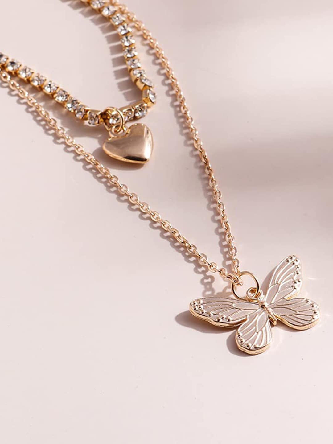 

FIMBUL Gold-Plated Heart & Butterfly Design Layered Necklace