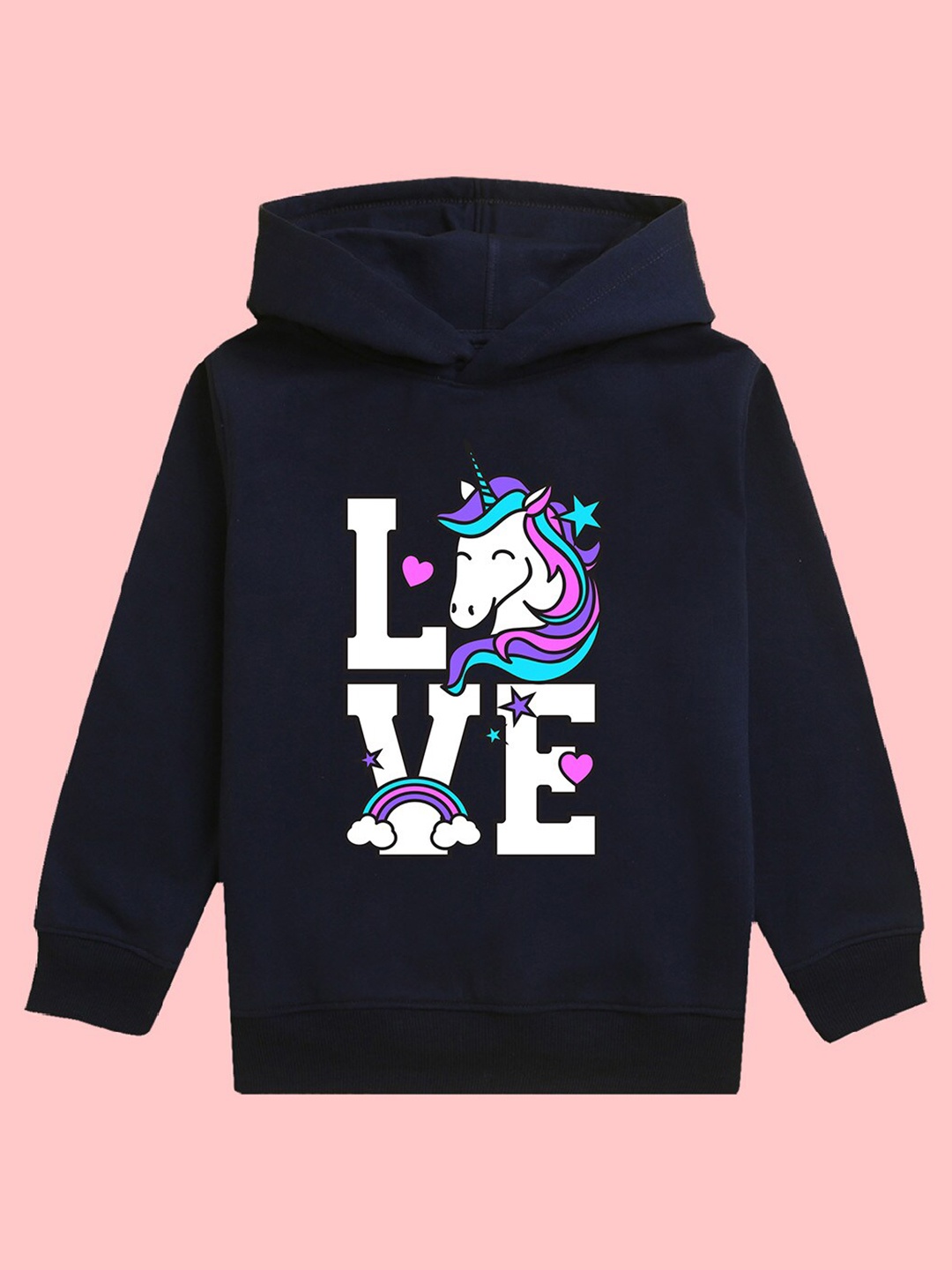 

NUSYL Girls Typography Love Printed Hooded Fleece Pullover, Navy blue