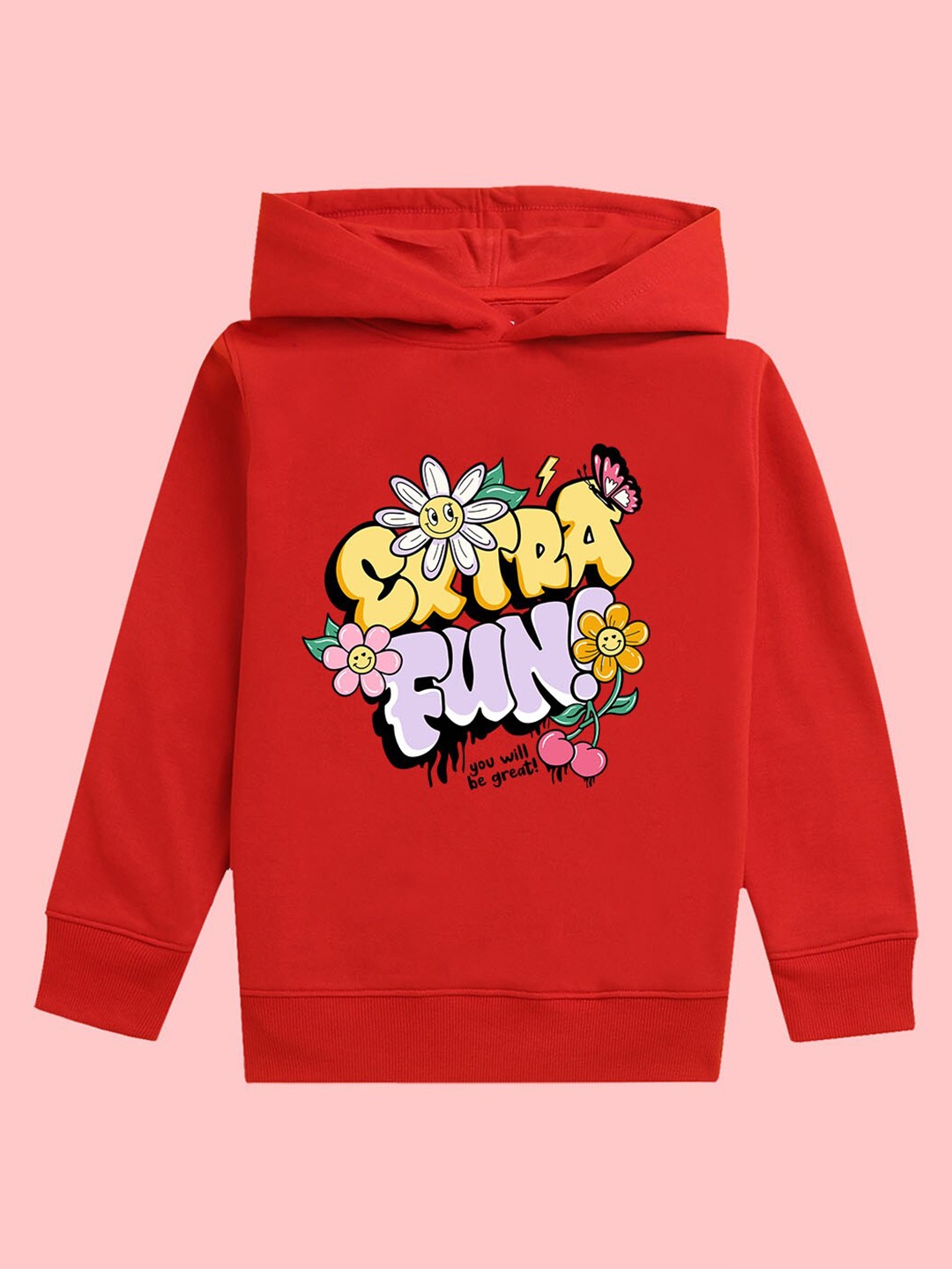 

NUSYL Girls Extra Fun Printed Hooded Fleece Pullover Sweatshirt, Red