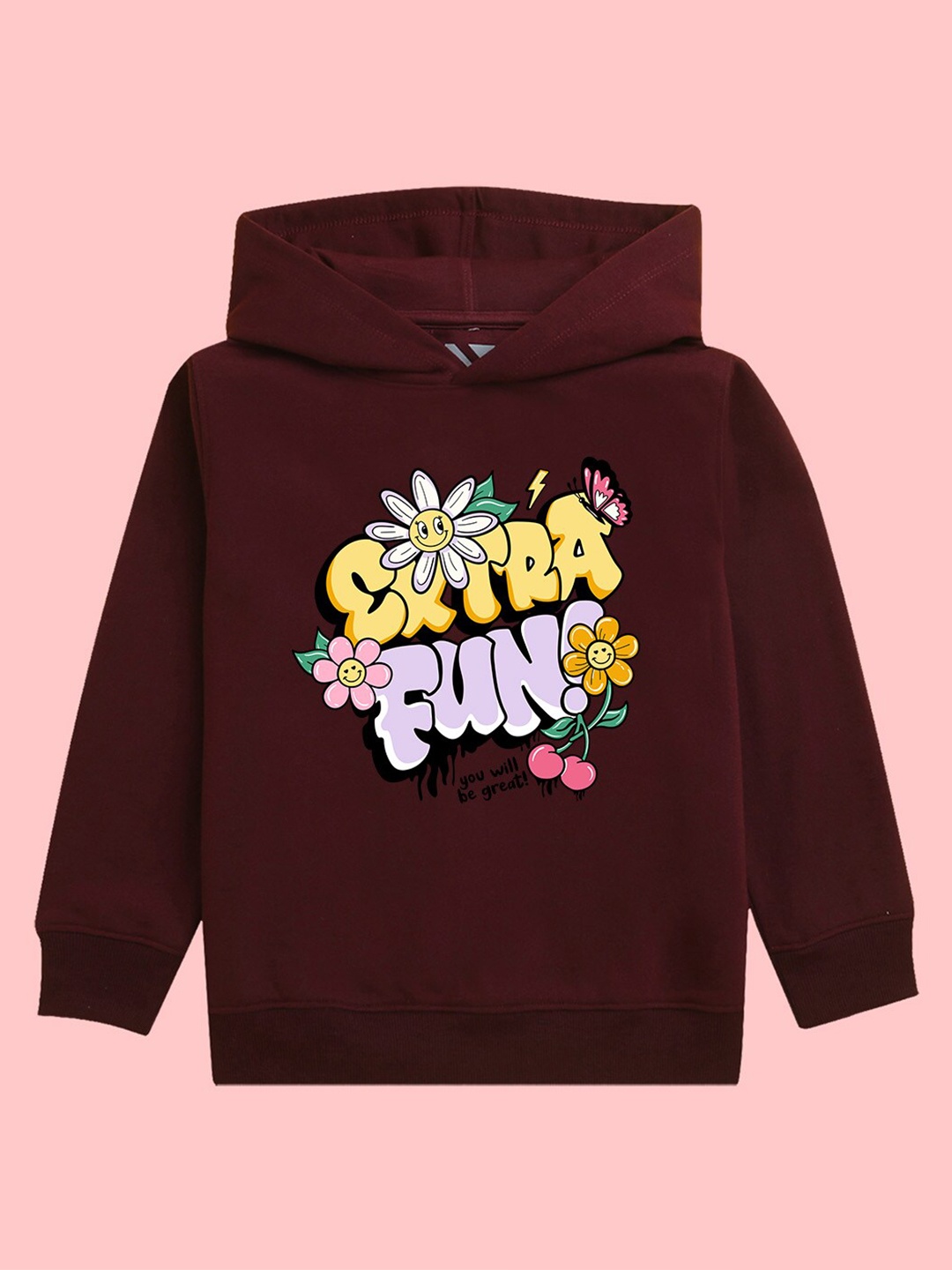 

NUSYL Girls Typography Printed Hooded Fleece Pullover Sweatshirt, Burgundy