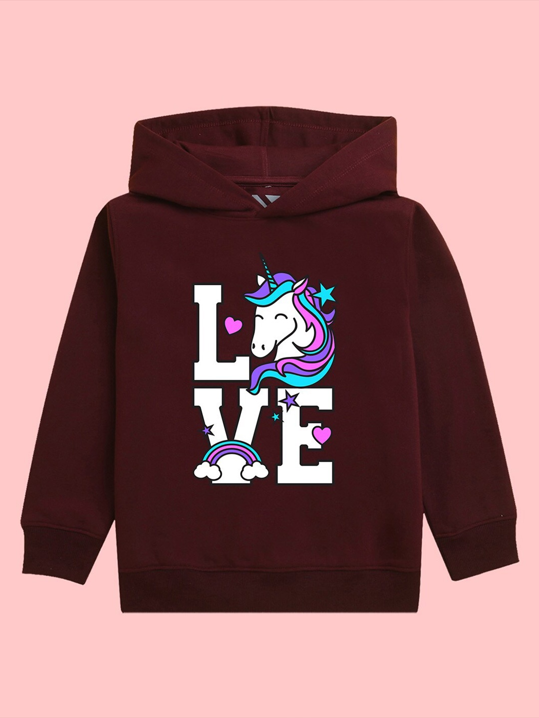 

NUSYL Girls Unicorn Printed Hooded Fleece Pullover, Burgundy