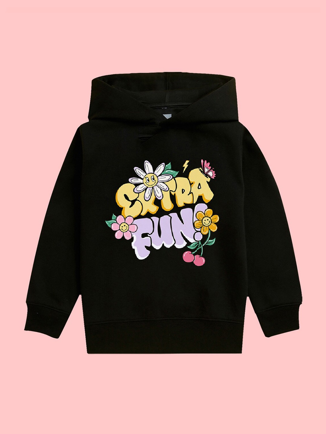 

NUSYL Girls Typography Printed Hooded Fleece Sweatshirt, Black
