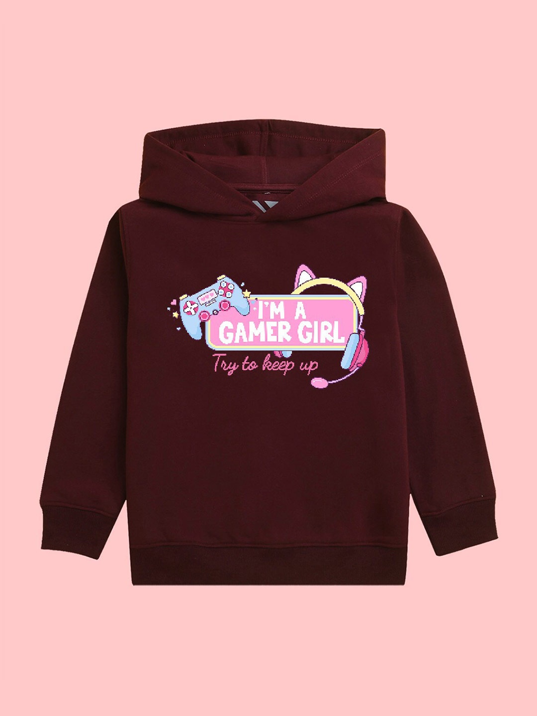 

NUSYL Girls Graphic Printed Hooded Fleece Sweatshirt, Burgundy