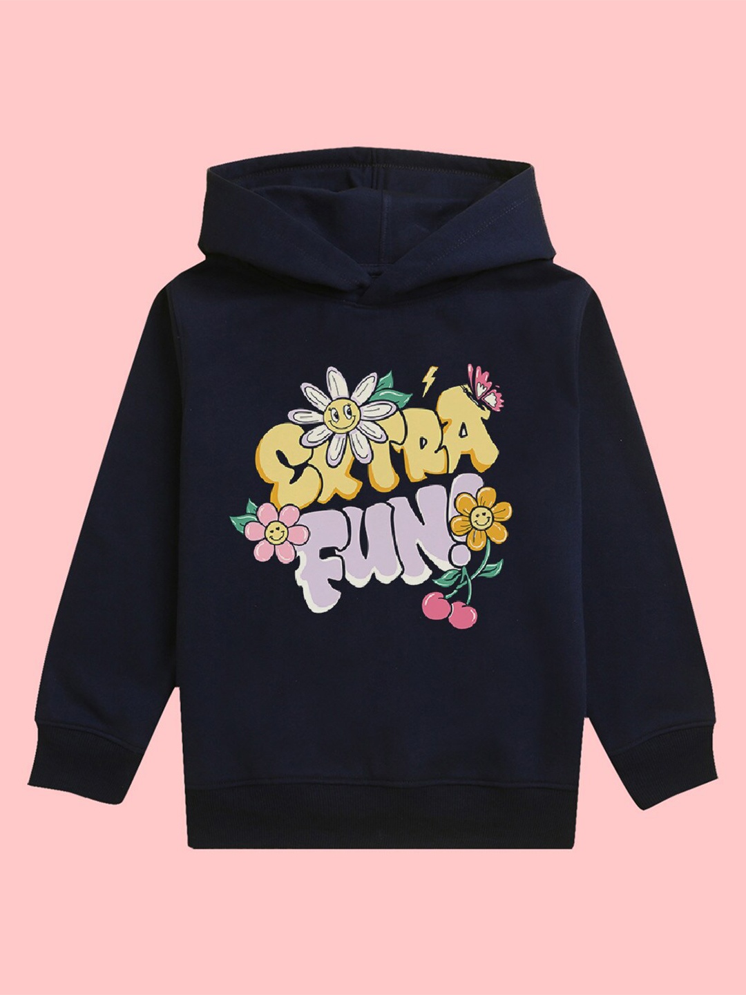 

NUSYL Girls Typography Printed Hooded Fleece Sweatshirt, Navy blue
