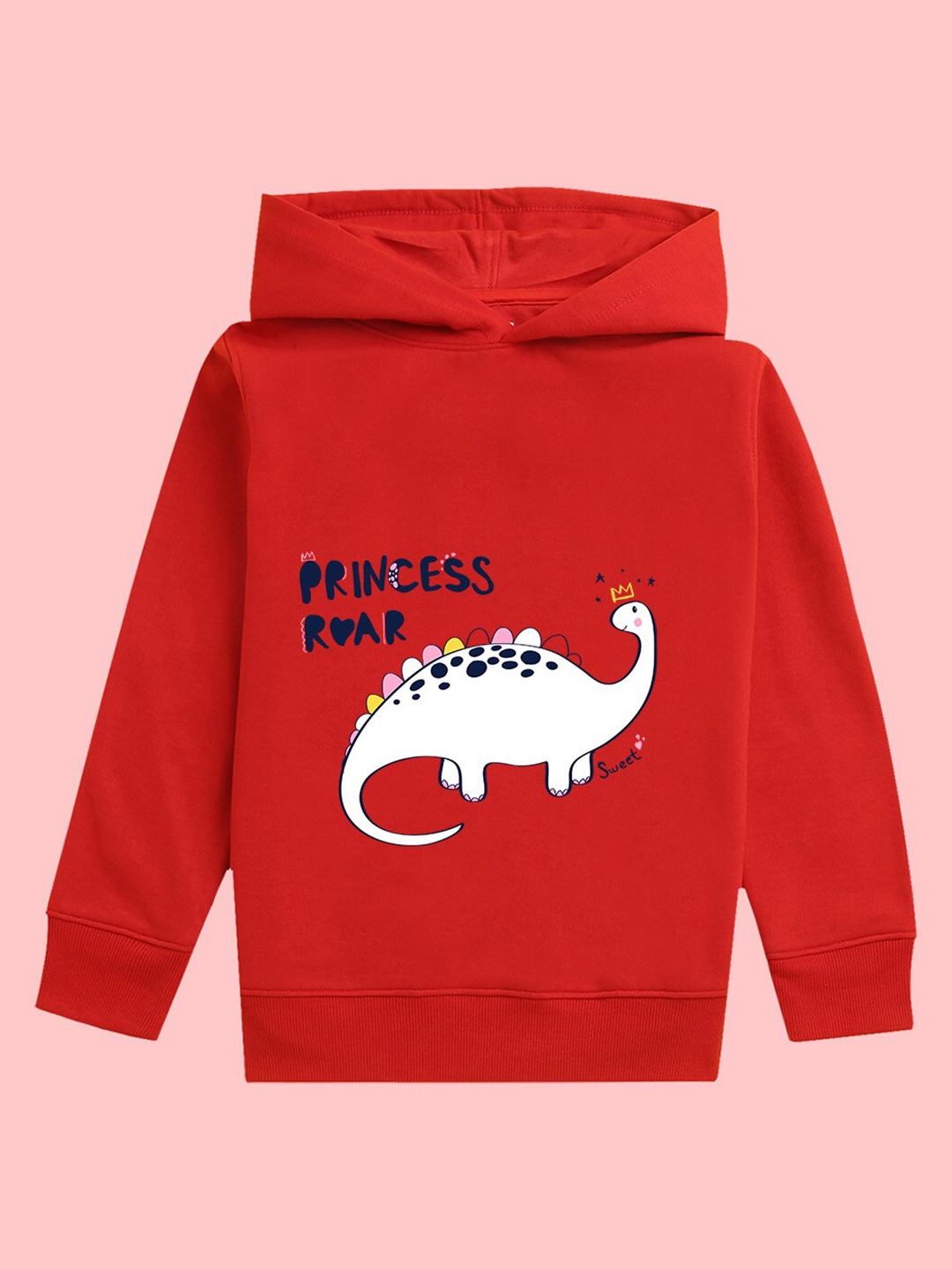 

NUSYL Girls Dinosaur Printed Hooded Neck Long Sleeve Fleece Pullover Sweatshirt, Red