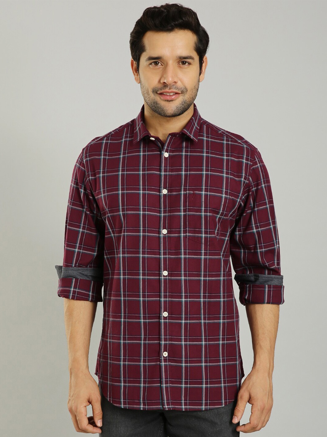 

Indian Terrain Tartan Checked Spread Collar Casual Shirt, Maroon