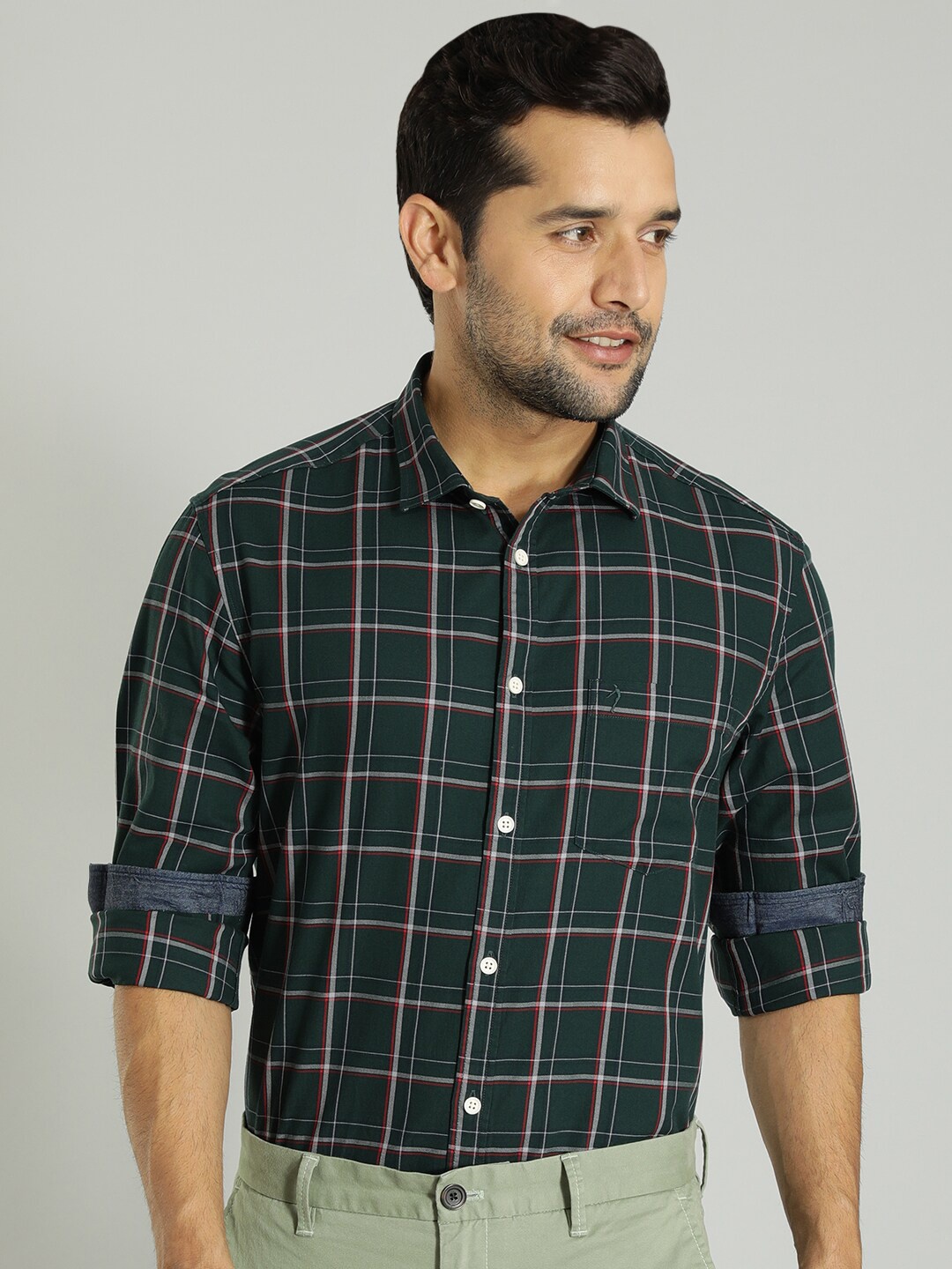 

Indian Terrain Tartan Checked Spread Collar Casual Shirt, Green