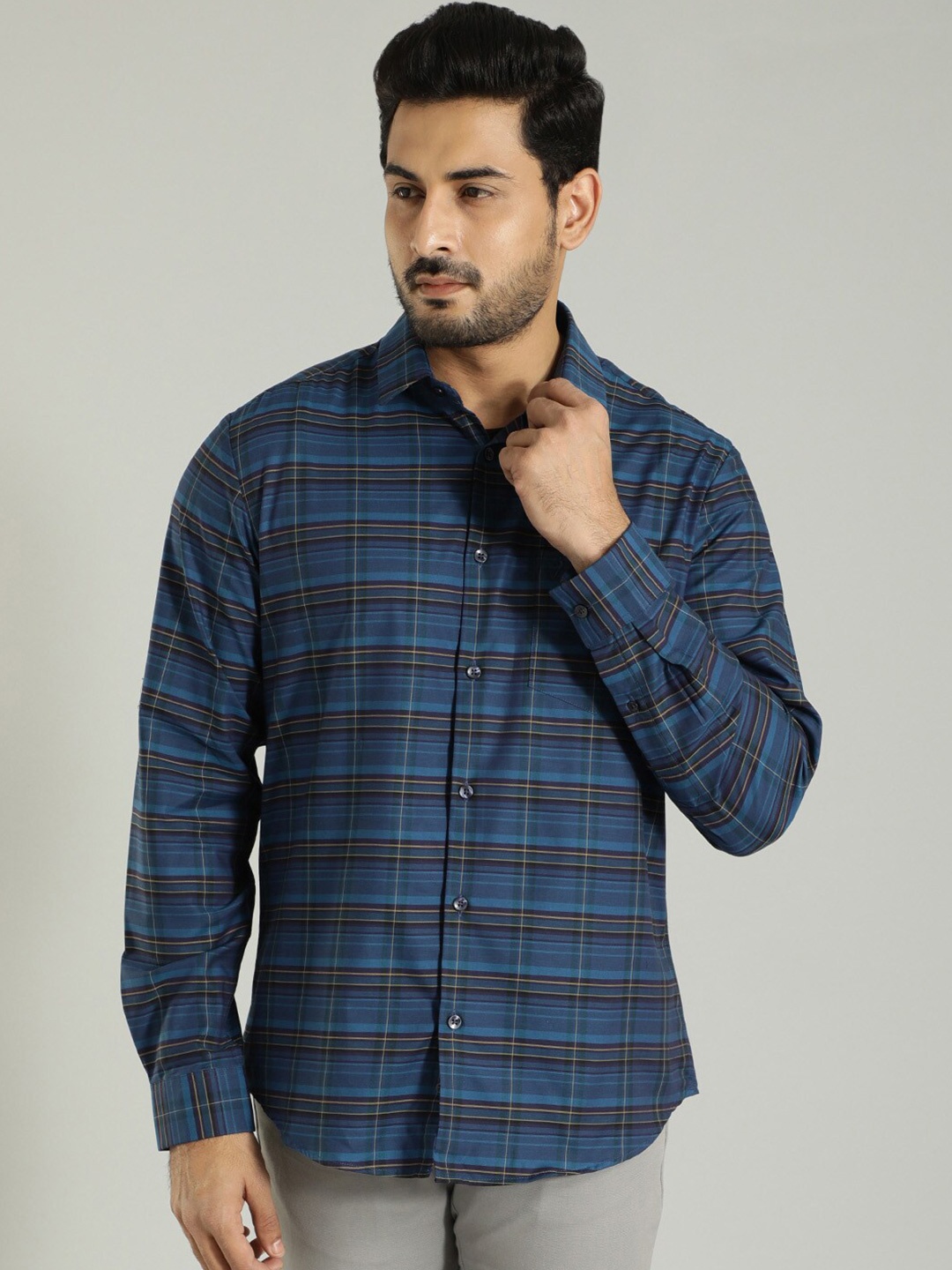 

Indian Terrain Tartan Checks Spread Collar Long Sleeve Regular Fit Casual Shirt, Navy blue