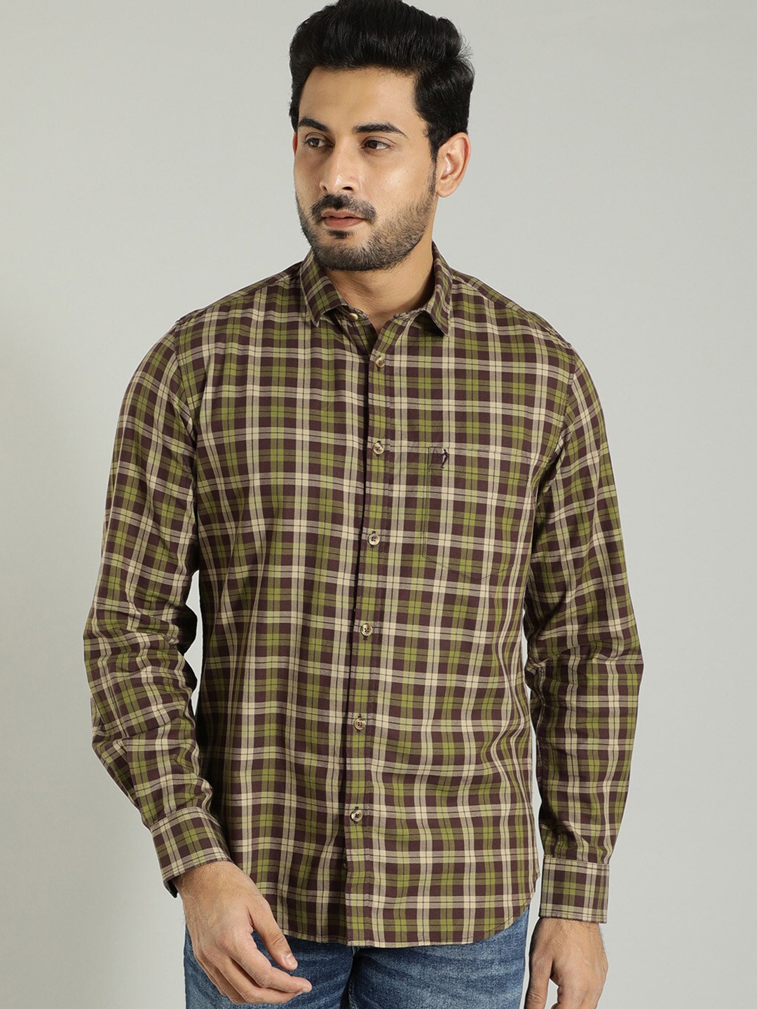 

Indian Terrain Tartan Checks Spread Collar Casual Shirt, Green
