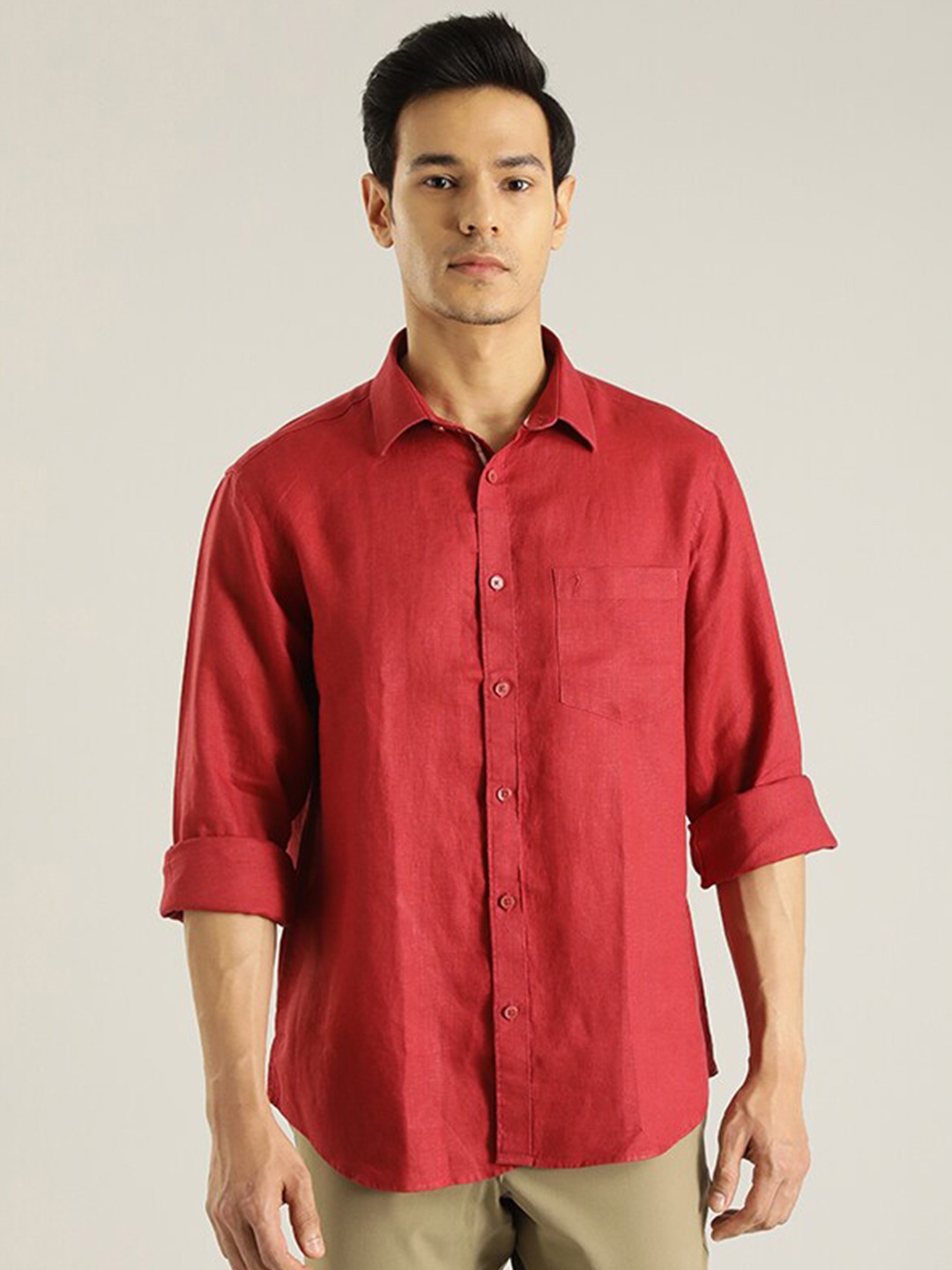 

Indian Terrain Cutaway Collar Long Sleeves Pocket Linen Regular Fit Casual Shirt, Red