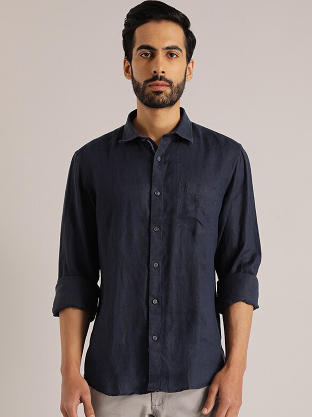 

Indian Terrain Spread Collar Regular Fit Linen Casual Shirt, Navy blue