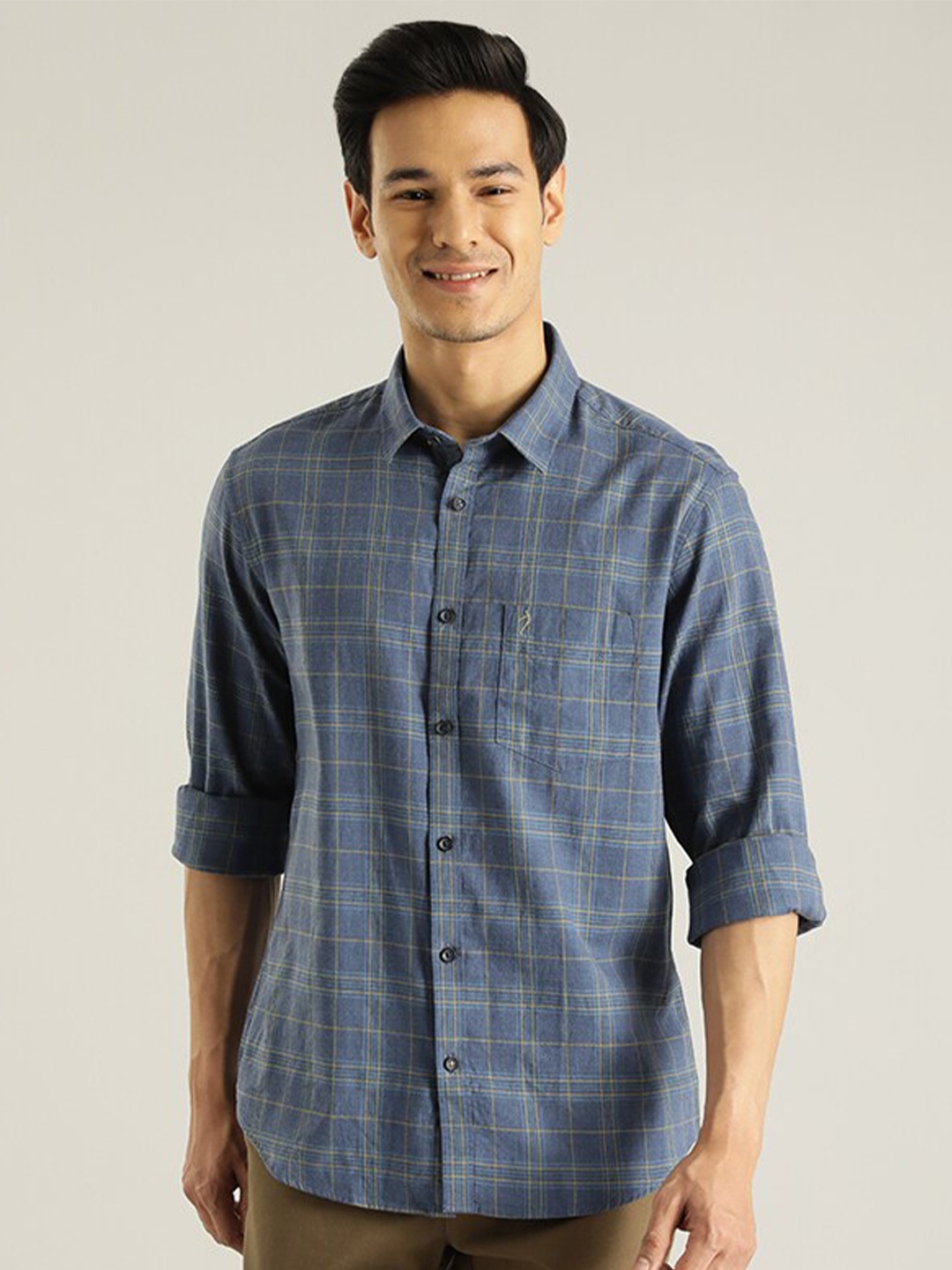 

Indian Terrain Tartan Checked Spread Collar Cotton Casual Shirt, Blue