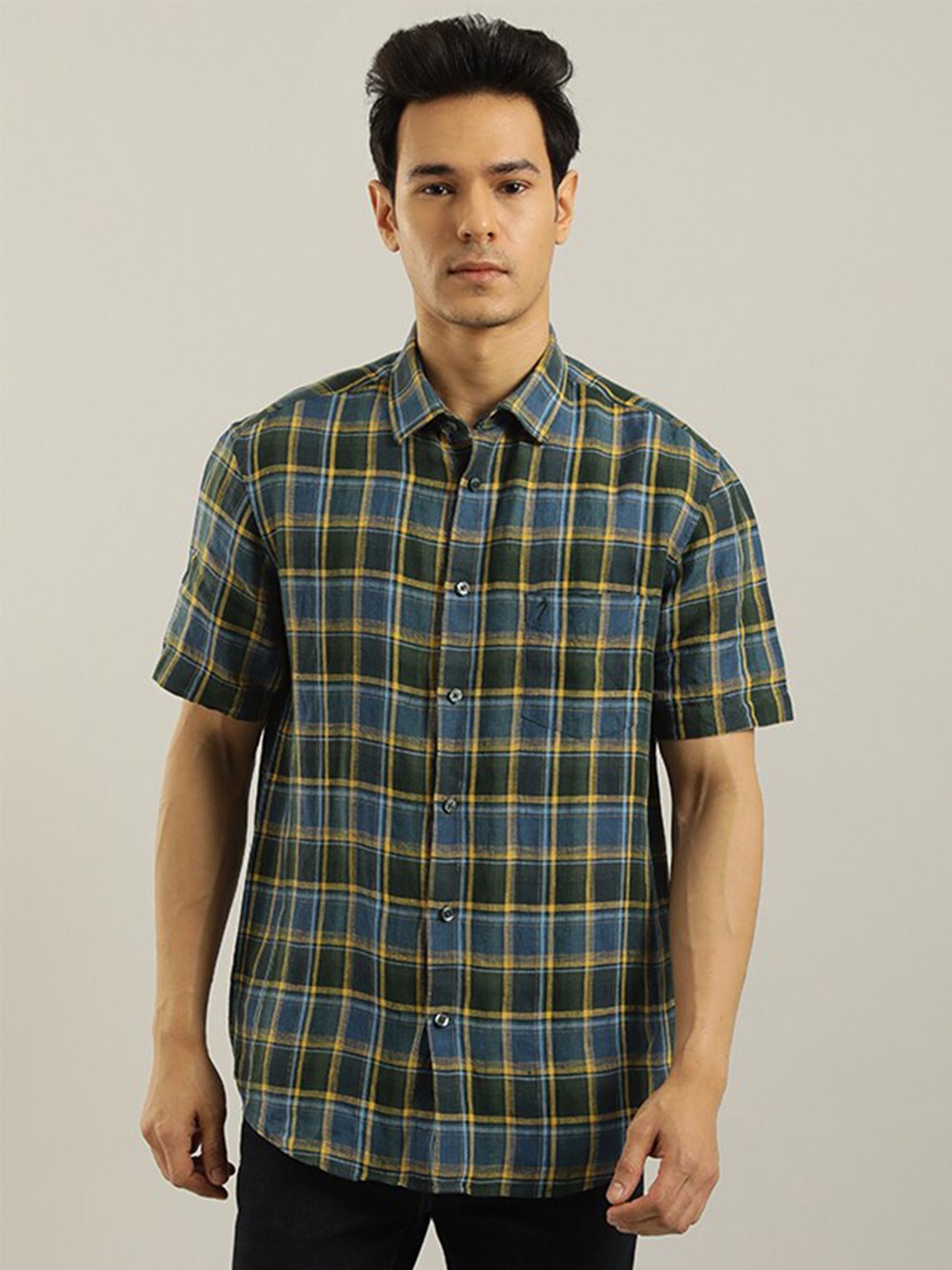 

Indian Terrain Tartan Checks Spread Collar Cotton Regular Fit Casual Shirt, Green