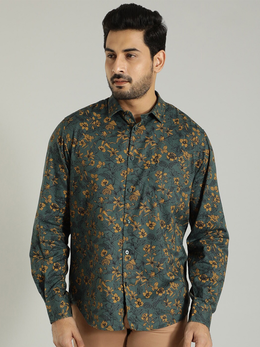 

Indian Terrain Floral Printed Spread Collar Casual Shirt, Green