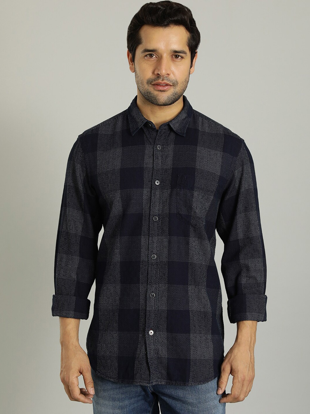 

Indian Terrain Buffalo Checks Spread Collar Casual Shirt, Navy blue