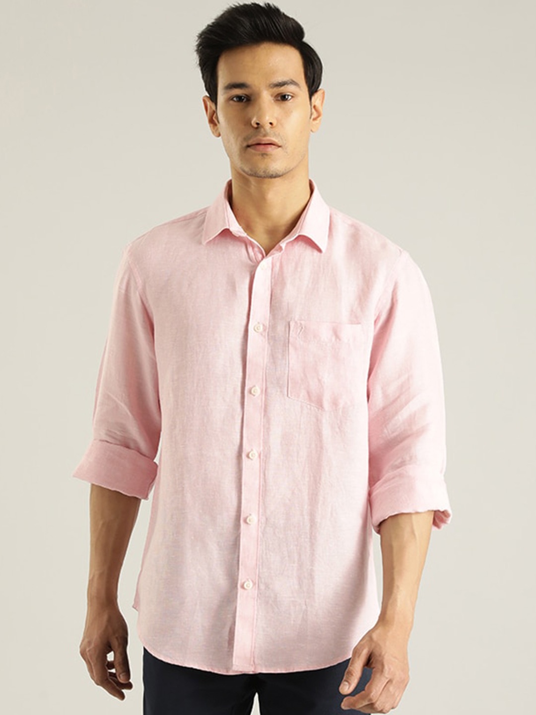 

Indian Terrain Spread Collar Linen Casual Shirt, Pink