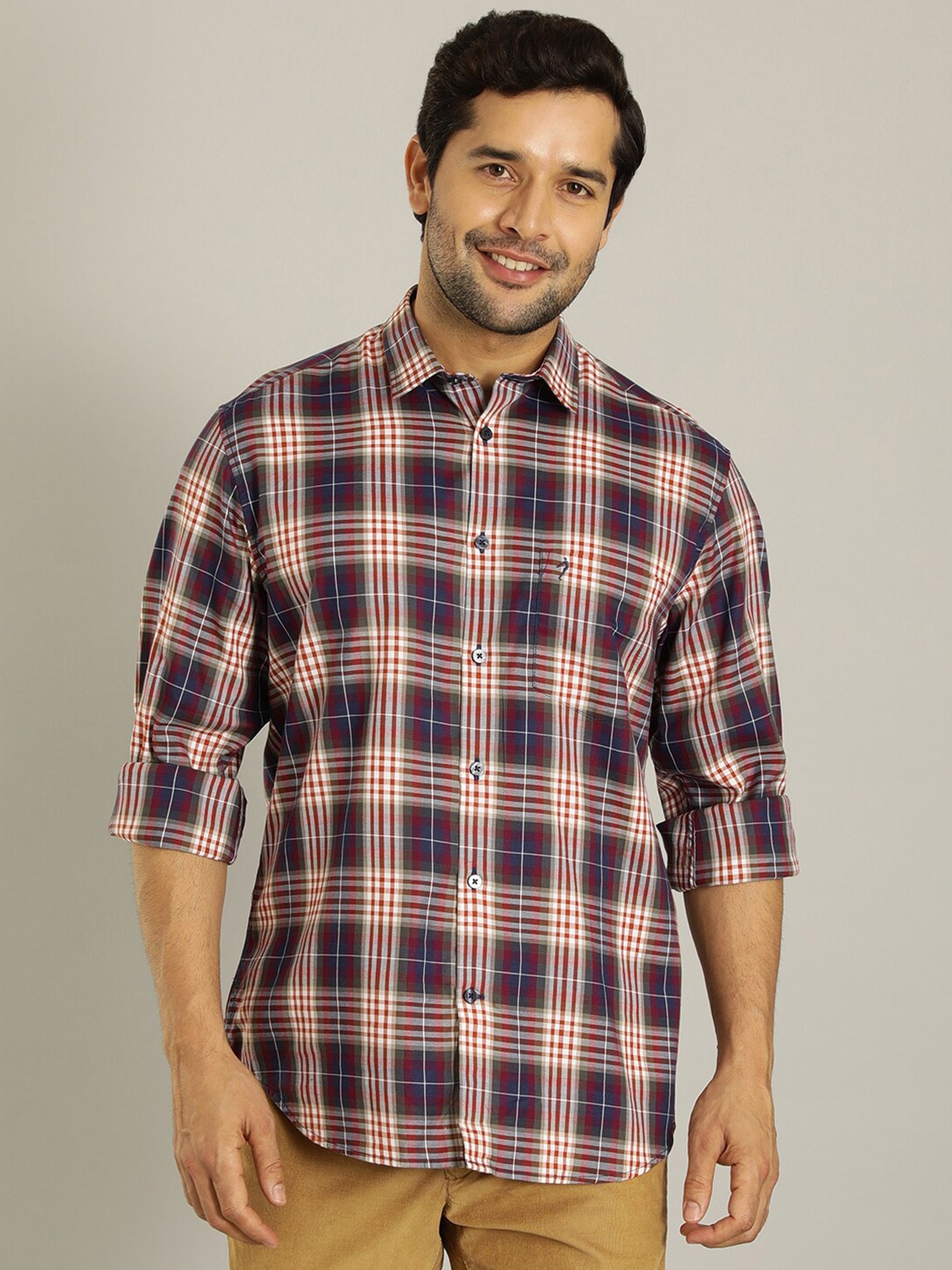 

Indian Terrain Spread Collar Long Sleeves Tartan Checked Casual Shirt, Navy blue