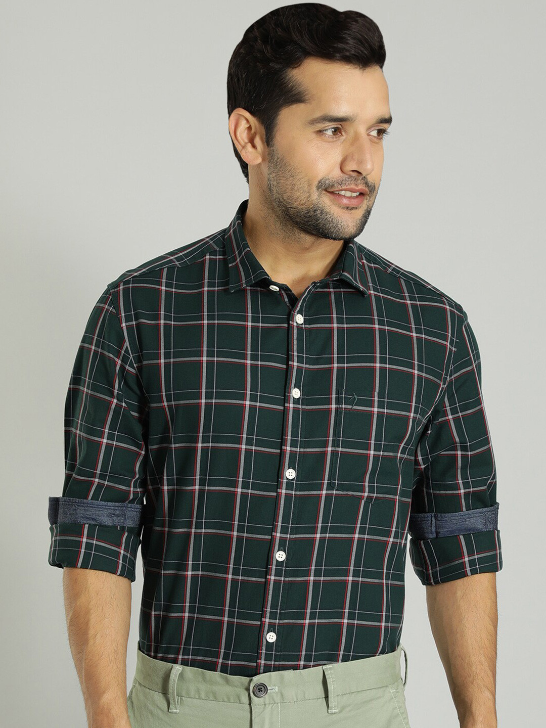 

Indian Terrain Spread Collar Long Sleeves Tartan Checked Casual Shirt, Green