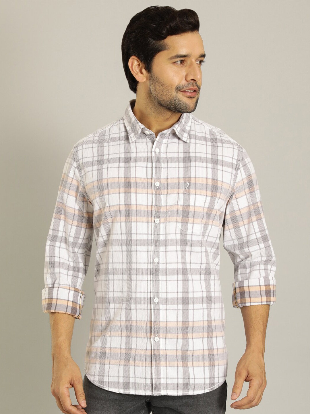 

Indian Terrain Tartan Checks Spread Collar Long Sleeve Regular Fit Casual Shirt, Off white