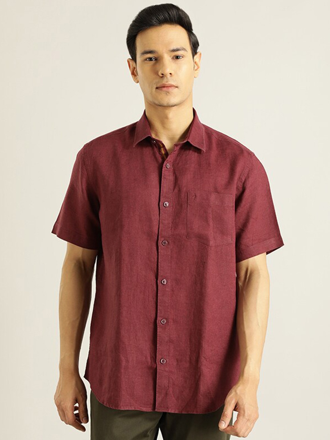 

Indian Terrain Spread Collar Pocket Linen Regular Fit Casual Shirt, Maroon