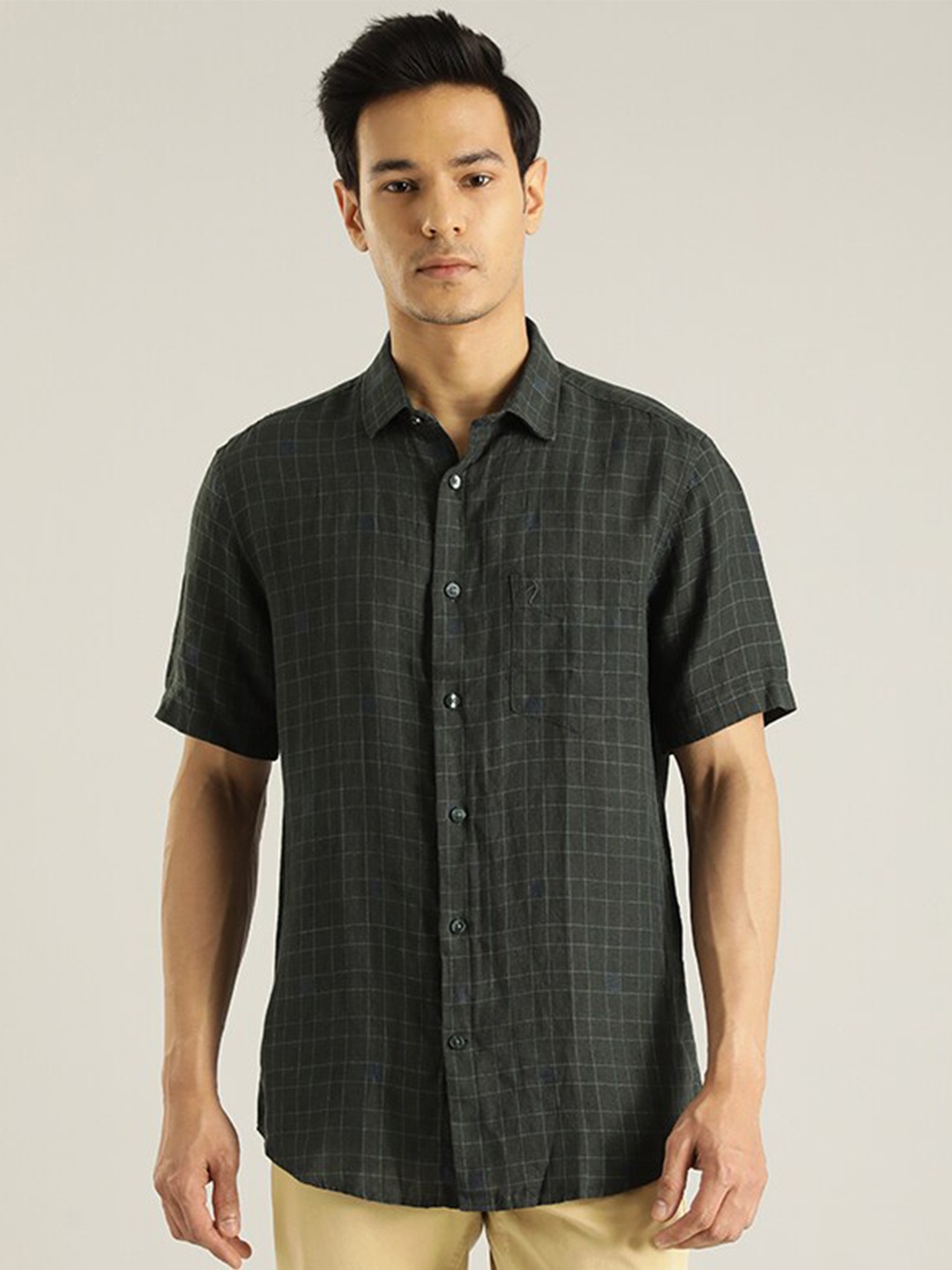 

Indian Terrain Windowpane Checked Pure Cotton Casual Shirt, Green