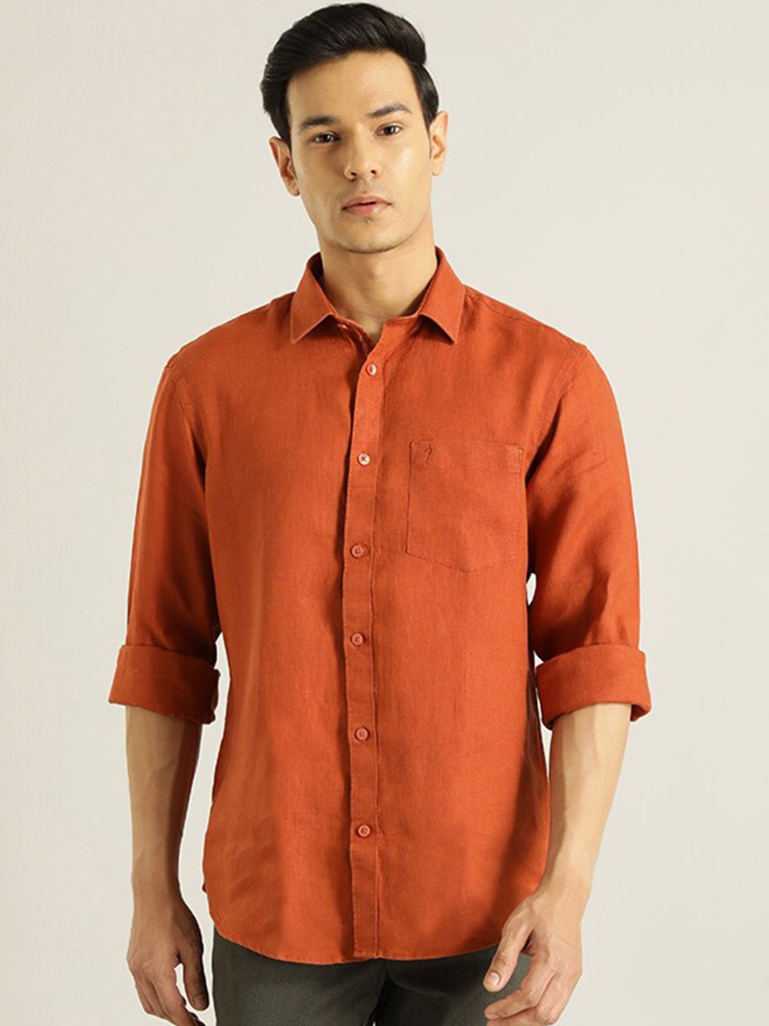 

Indian Terrain Spread Collar Linen Casual Shirt, Rust