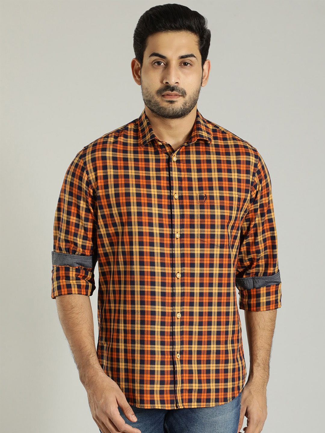 

Indian Terrain Tartan Checked Spread Collar Casual Shirt, Orange