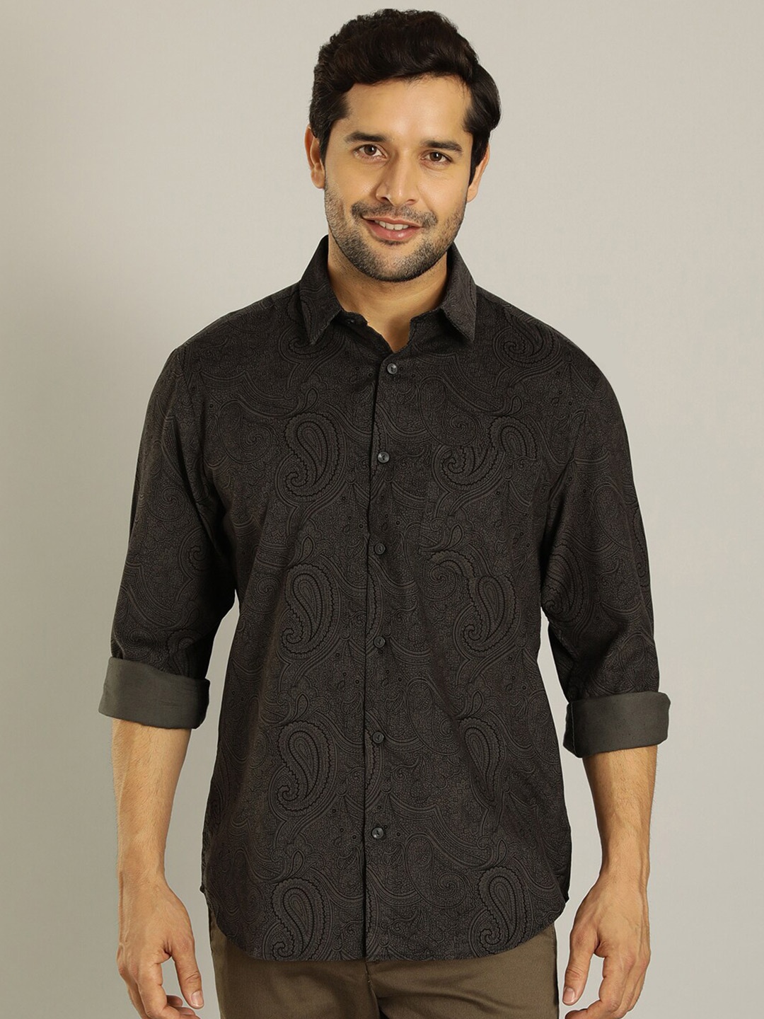 

Indian Terrain Ethnic Motifs Printed Spread Collar Casual Shirt, Olive