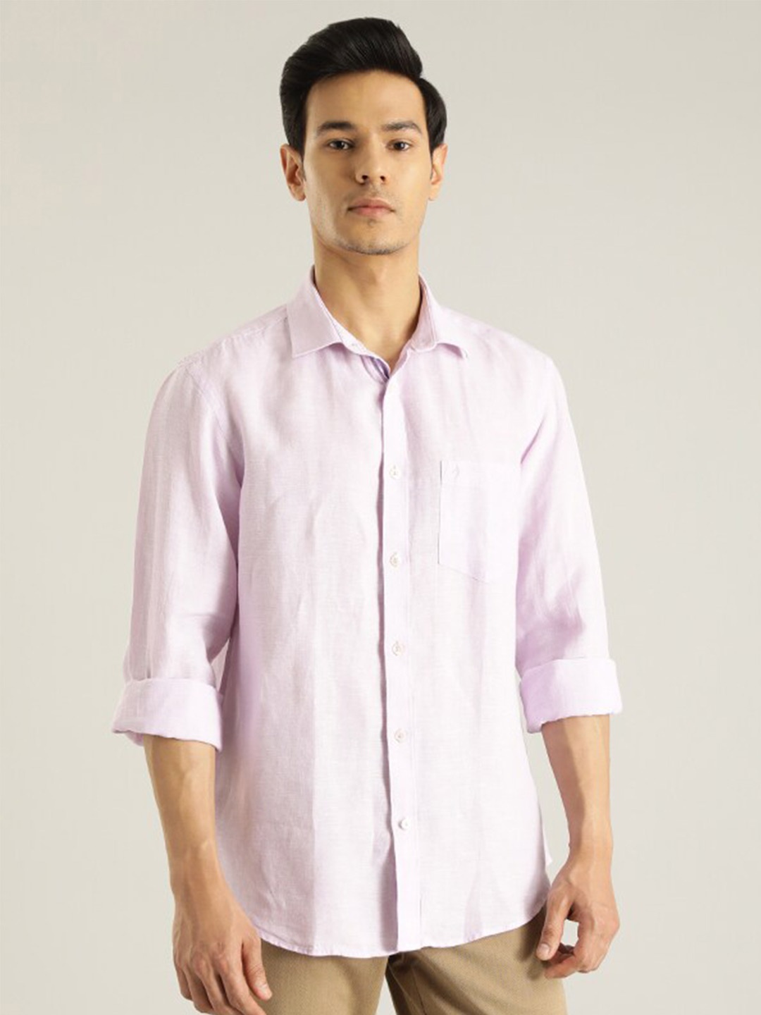 

Indian Terrain Spread Collar Long Sleeves Pure Linen Casual Shirt, Purple