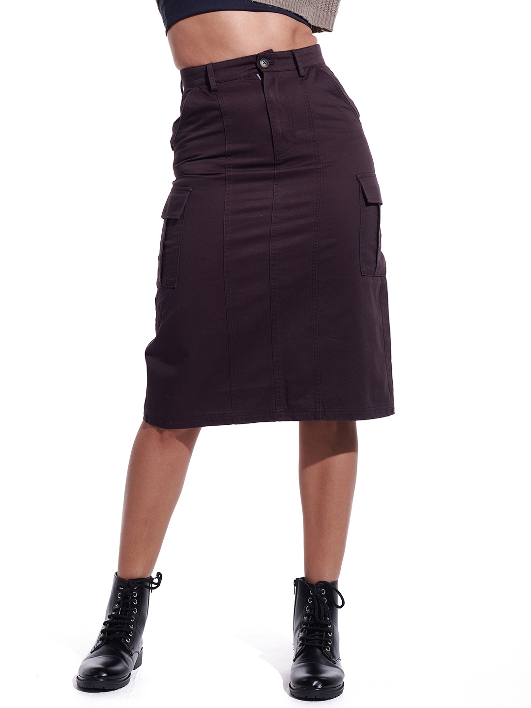 

IZF Pure Cotton Denim Straight Midi Skirt, Brown