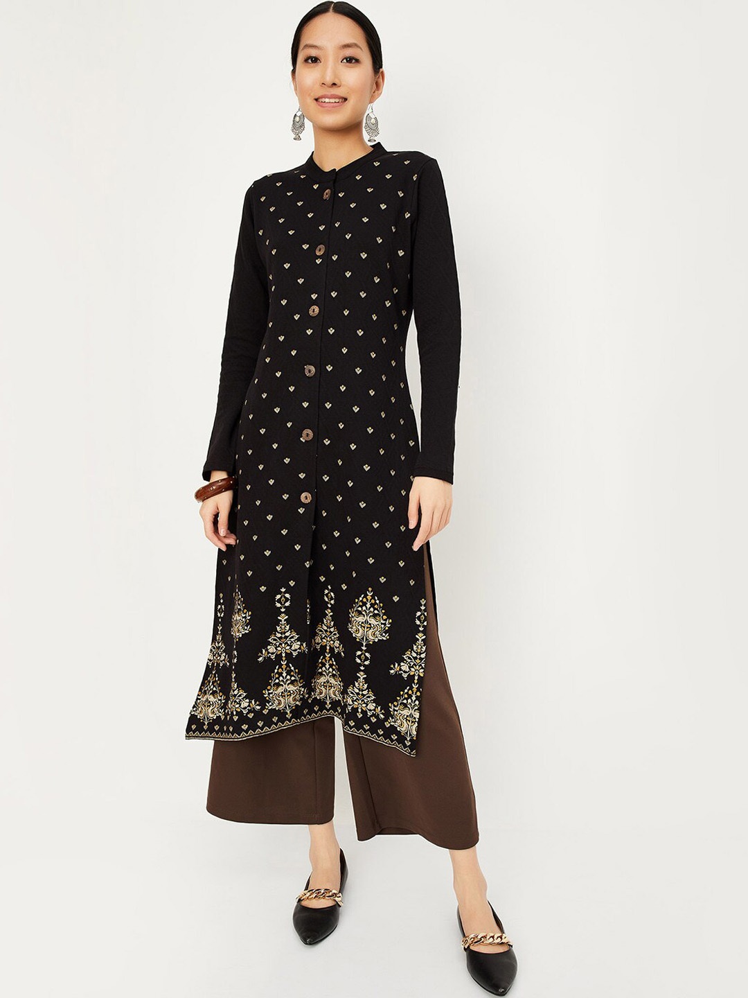

max Floral Printed Mandarin Collar Cotton Straight Kurta, Black