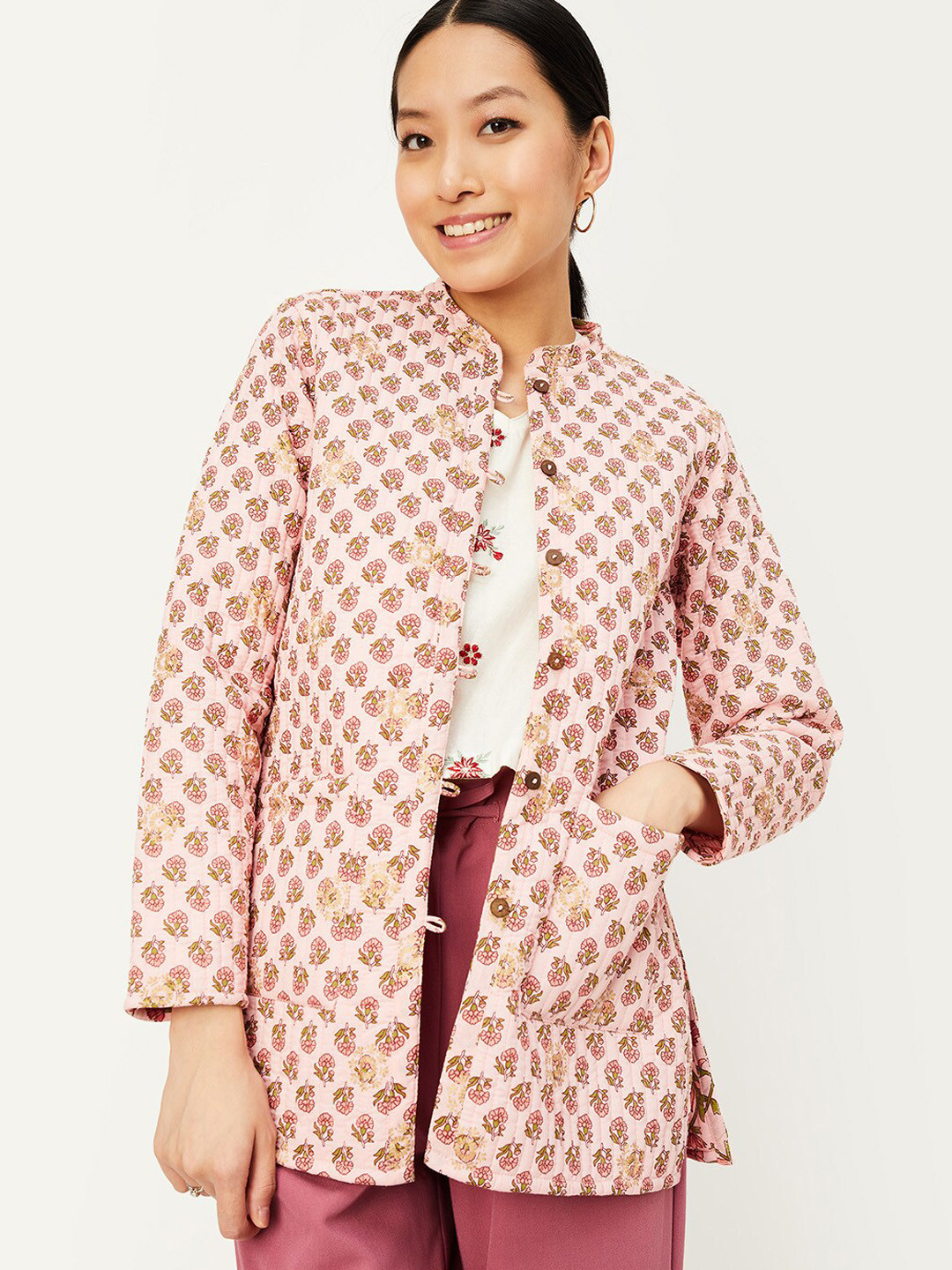 

max Floral Printed Mandarin Collar Longline Cotton Open Front Ethnic Jacket, Pink