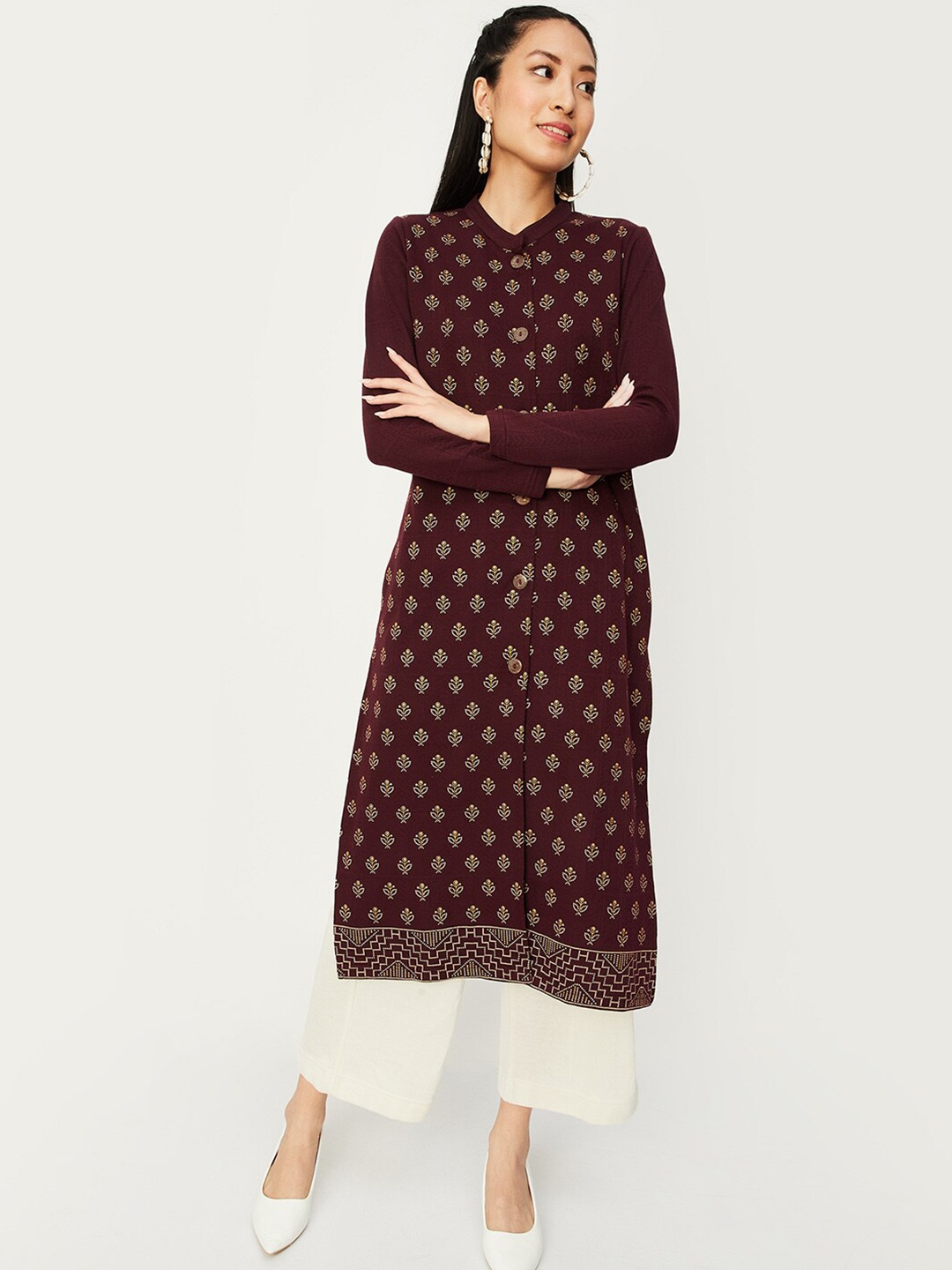 

max Floral Printed Mandarin Collar Cotton Straight Kurta, Maroon