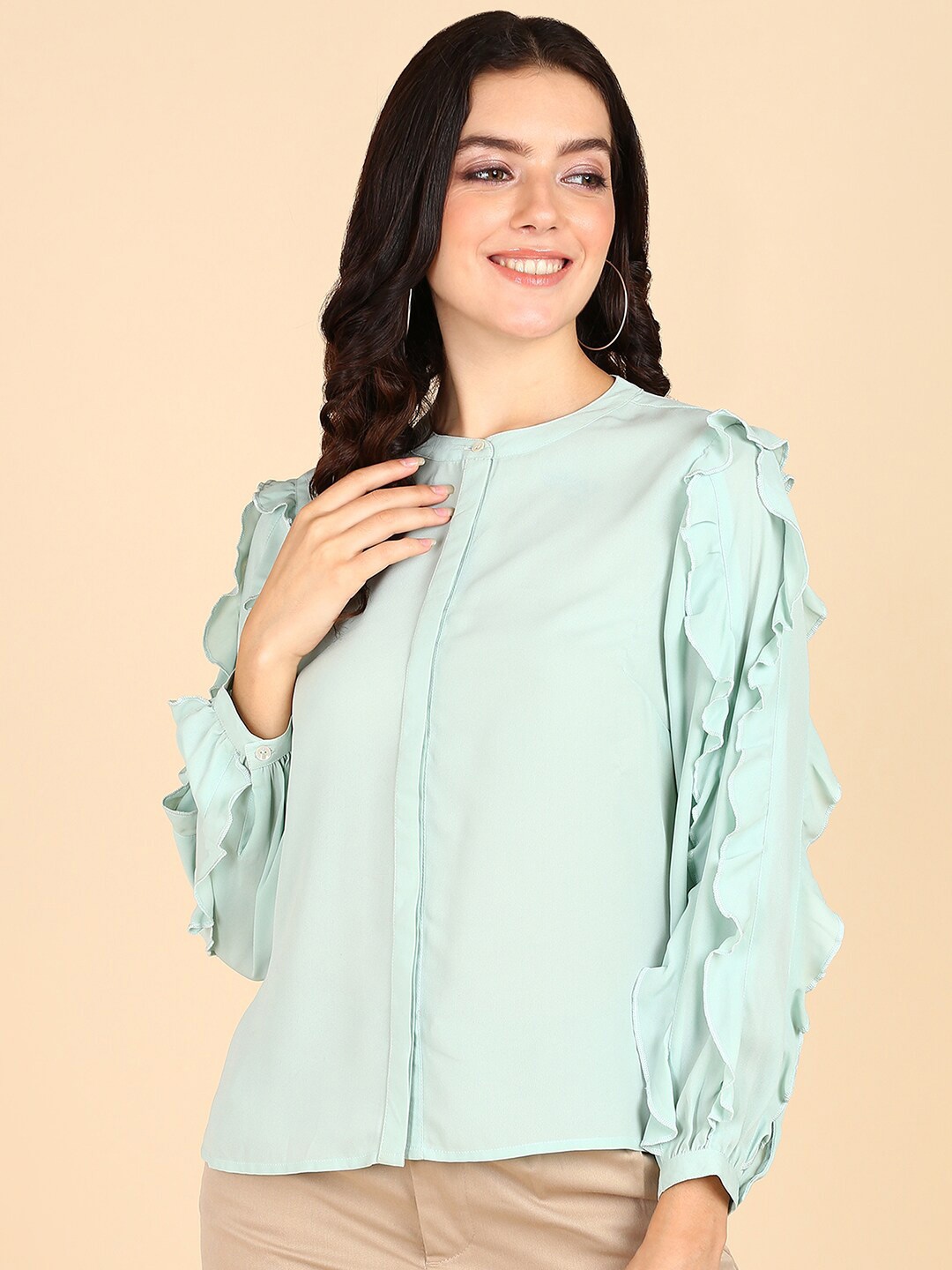 

Mast & Harbour Sea Green Mandarin Collar Ruffled Shirt Style Top