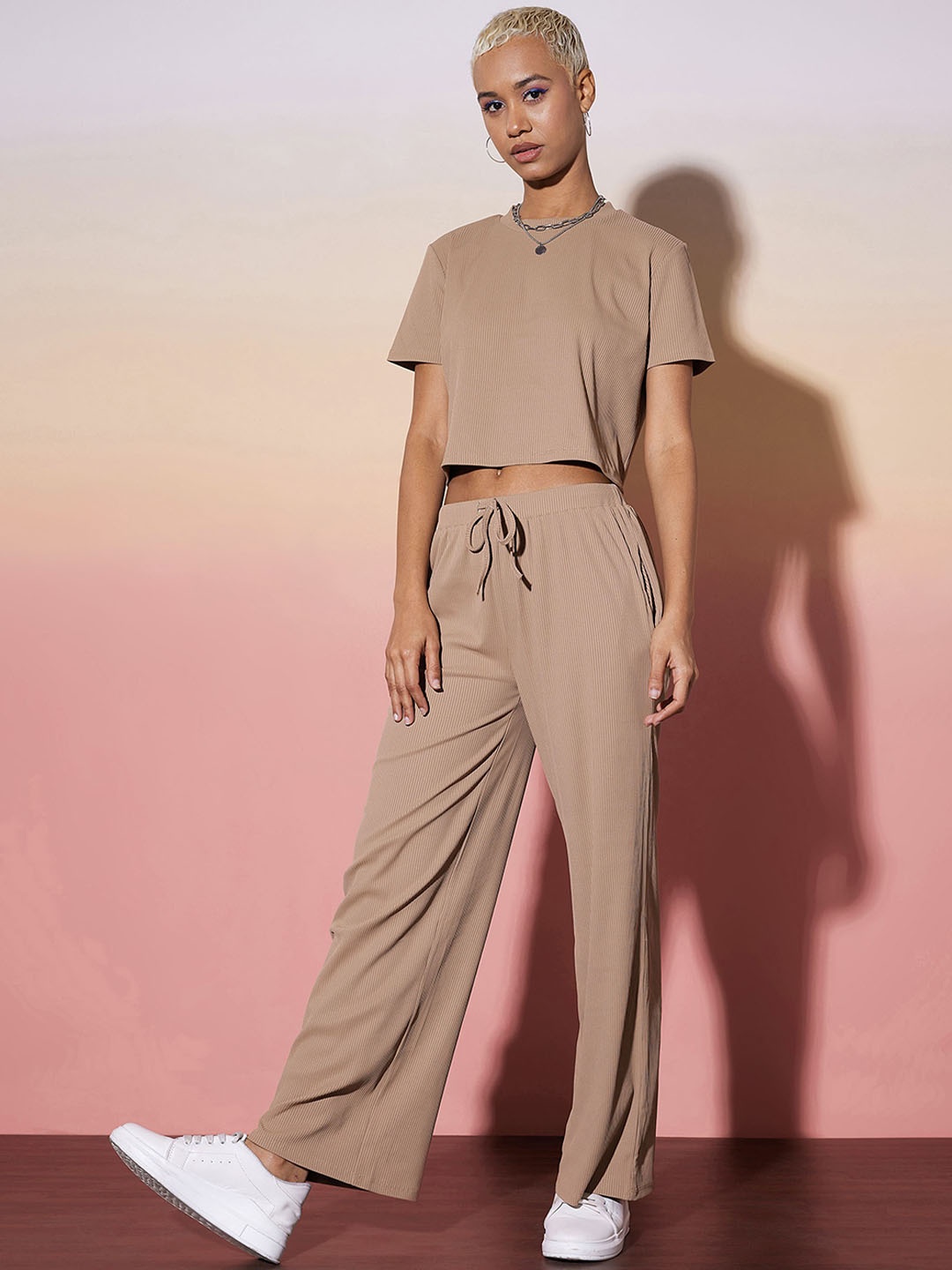 

SASSAFRAS alt-laze Self-Design Round Neck Crop Top With Trousers, Beige