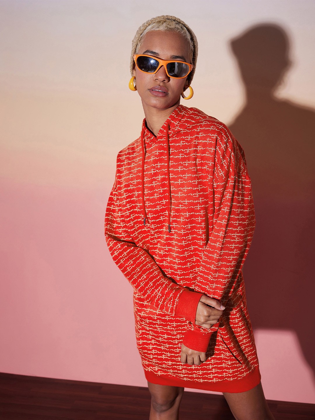 

SASSAFRAS alt-laze Typography Printed Hooded Oversized Pure Cotton T-shirt Dress, Red